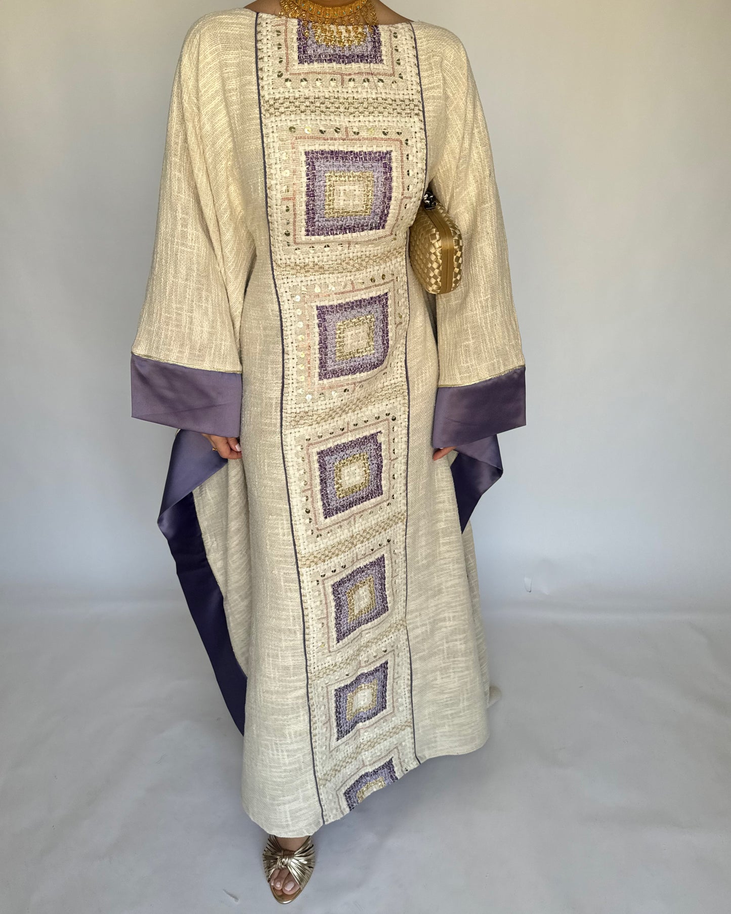 A340 - Purple & Beige Linen Butterfly Cut Jalabiya