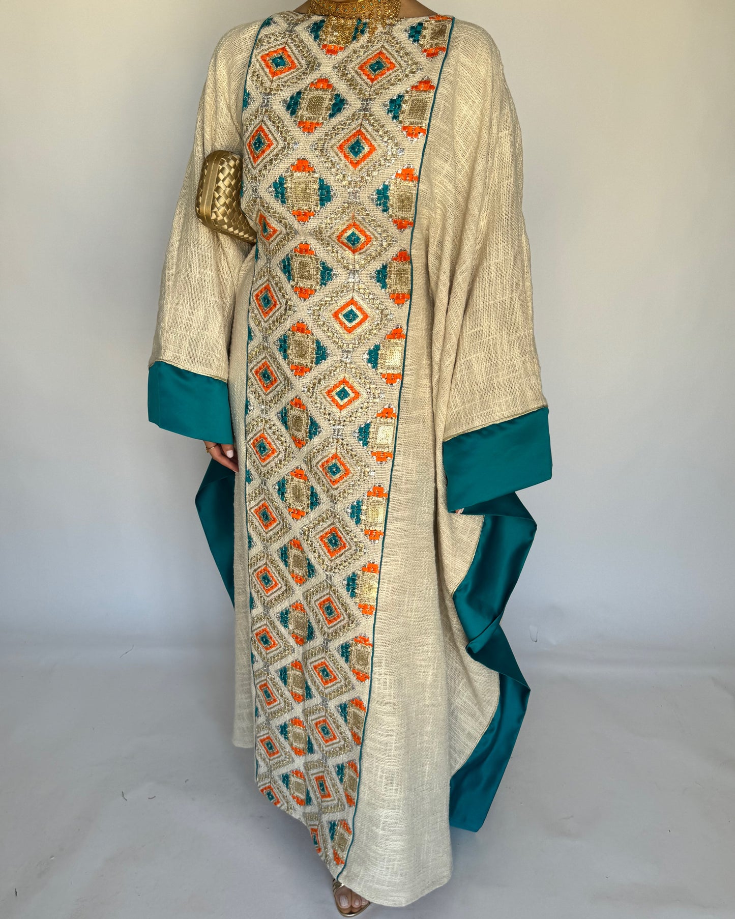 A337 - Blue/ Orange & Beige Linen Butterfly Cut Jalabiya