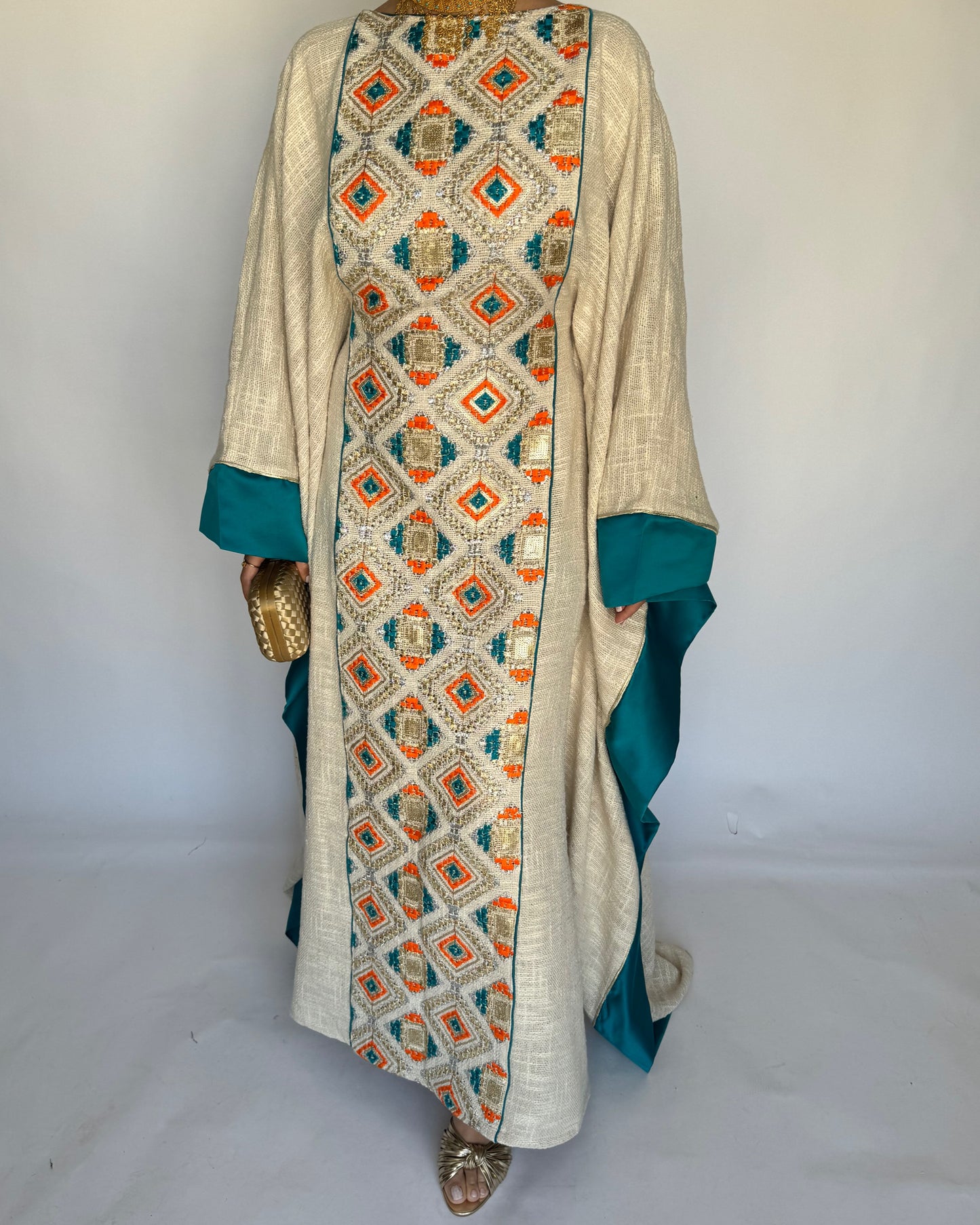 A337 - Blue/ Orange & Beige Linen Butterfly Cut Jalabiya