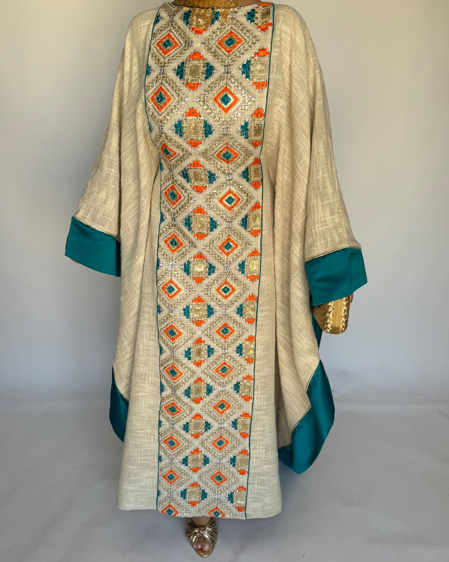 A337 - Blue/ Orange & Beige Linen Butterfly Cut Jalabiya