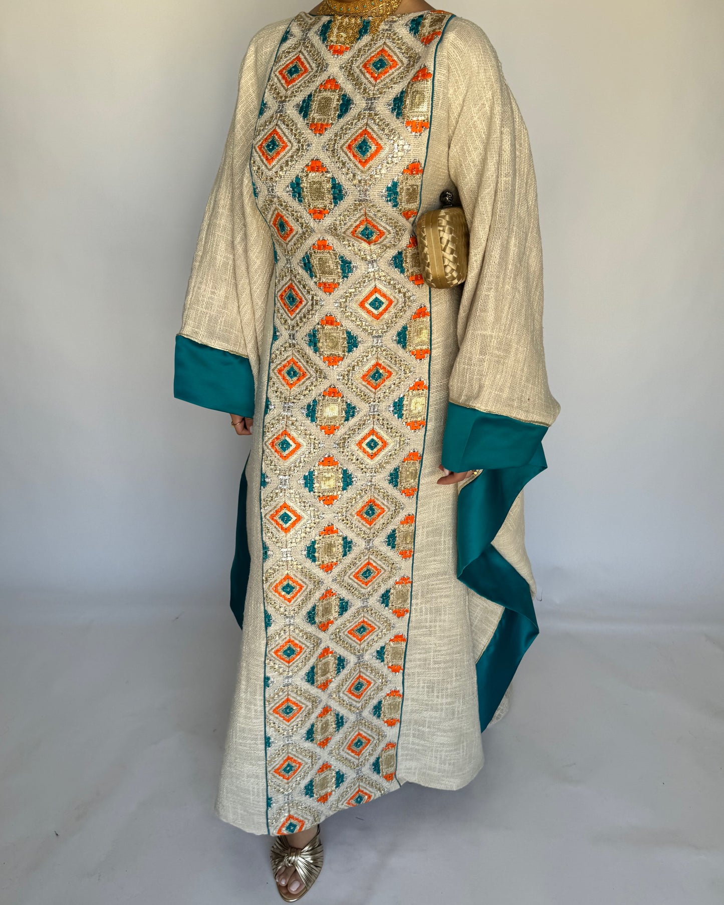 A337 - Blue/ Orange & Beige Linen Butterfly Cut Jalabiya