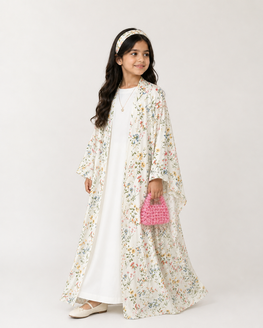 A582 - KIDS Off-White Summery Flower Abaya & Matching Head Band