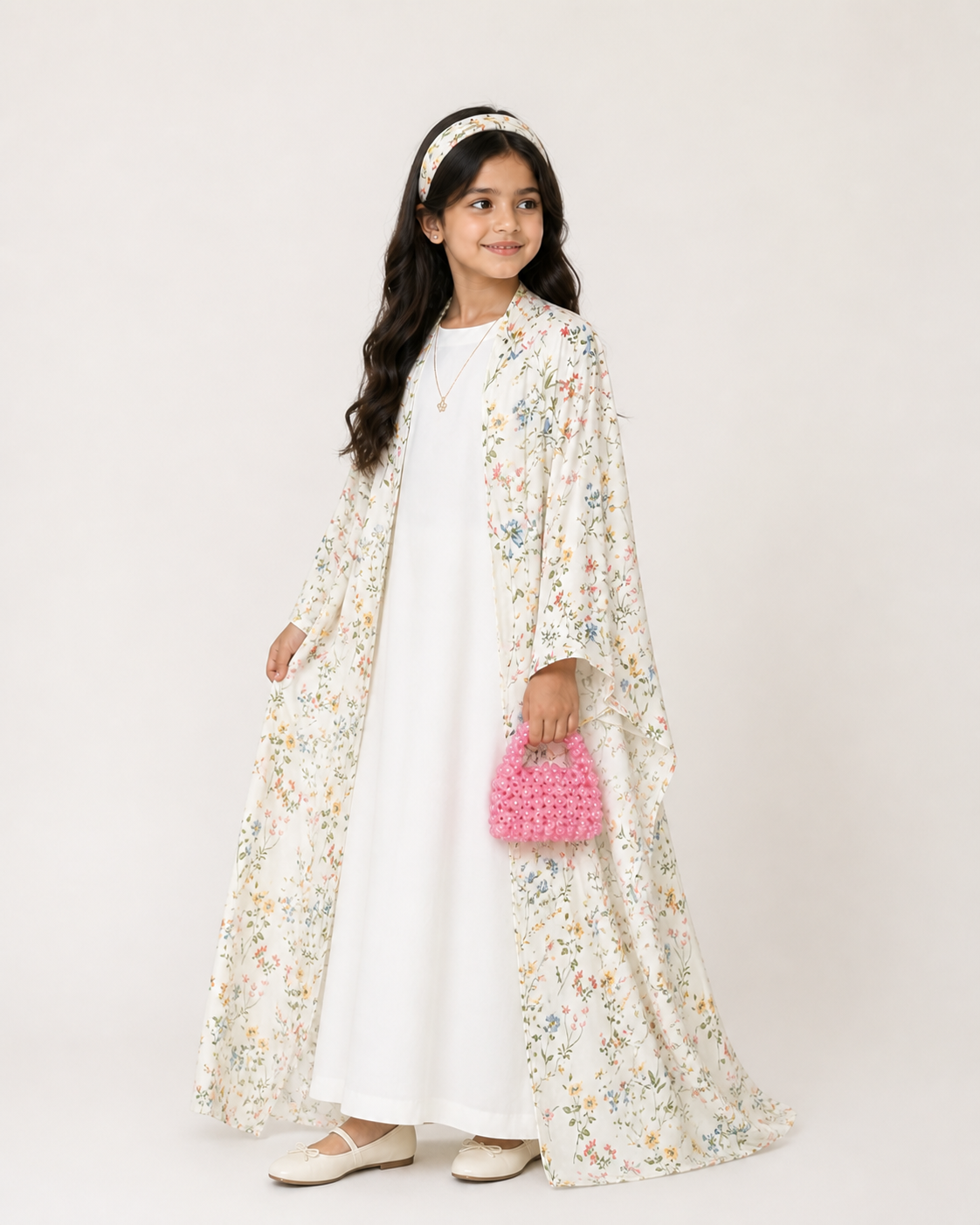 A582 - KIDS Off-White Summery Flower Abaya & Matching Head Band