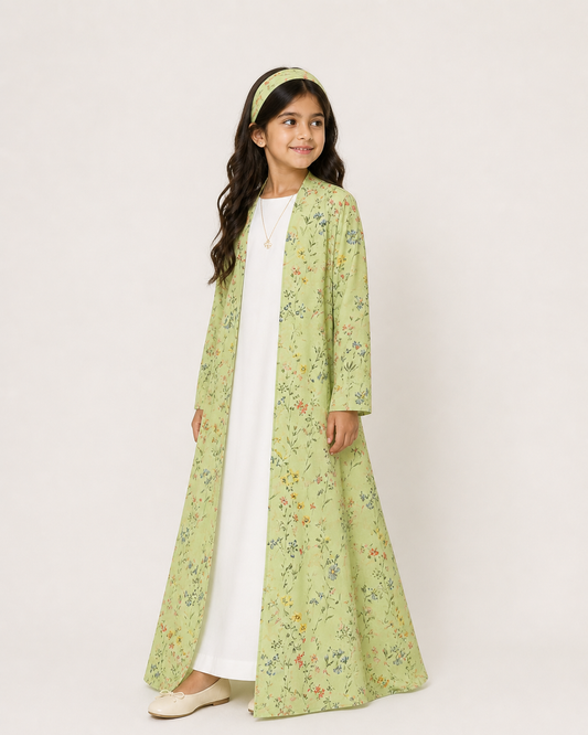 A583 - KIDS Baby Green Summery Flower Abaya & Matching Head Band