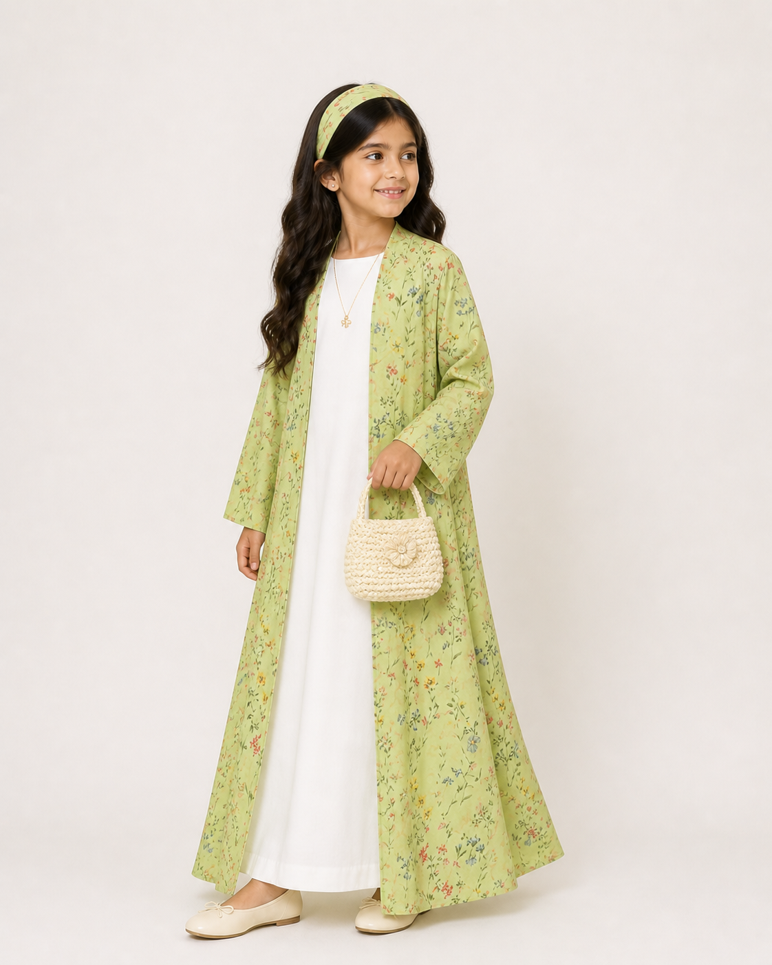 A583 - KIDS Baby Green Summery Flower Abaya & Matching Head Band