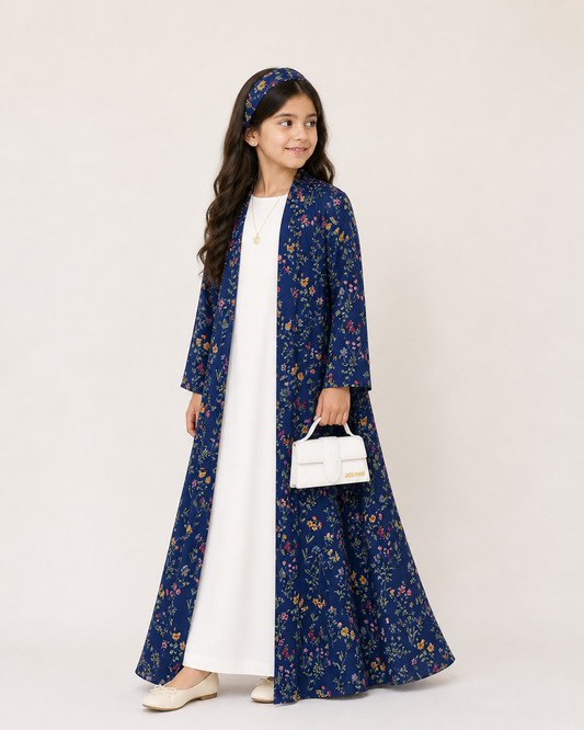 A584 - KIDS Blue Summery Flower Abaya & Matching Head Band