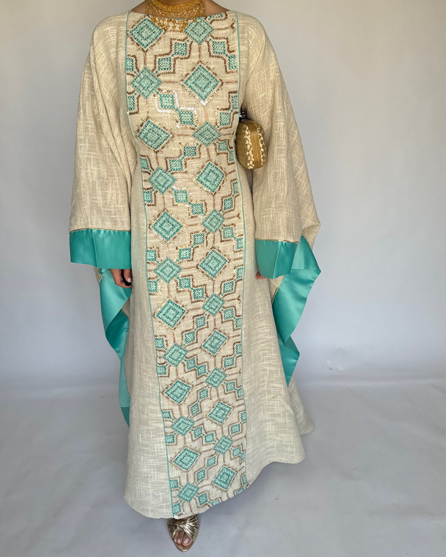 A335 - Blue & Beige Linen Butterfly Cut Jalabiya