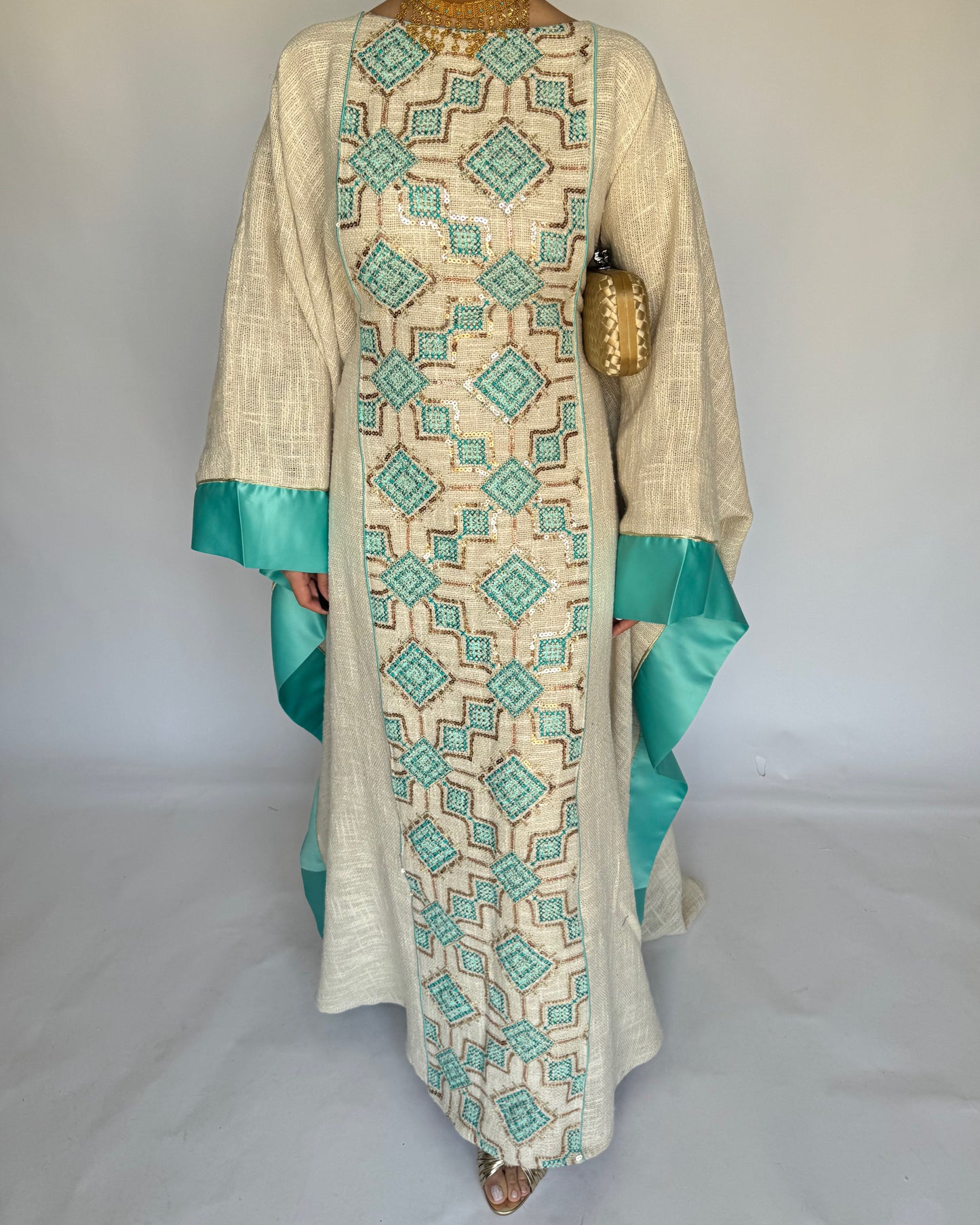 A335 - Blue & Beige Linen Butterfly Cut Jalabiya