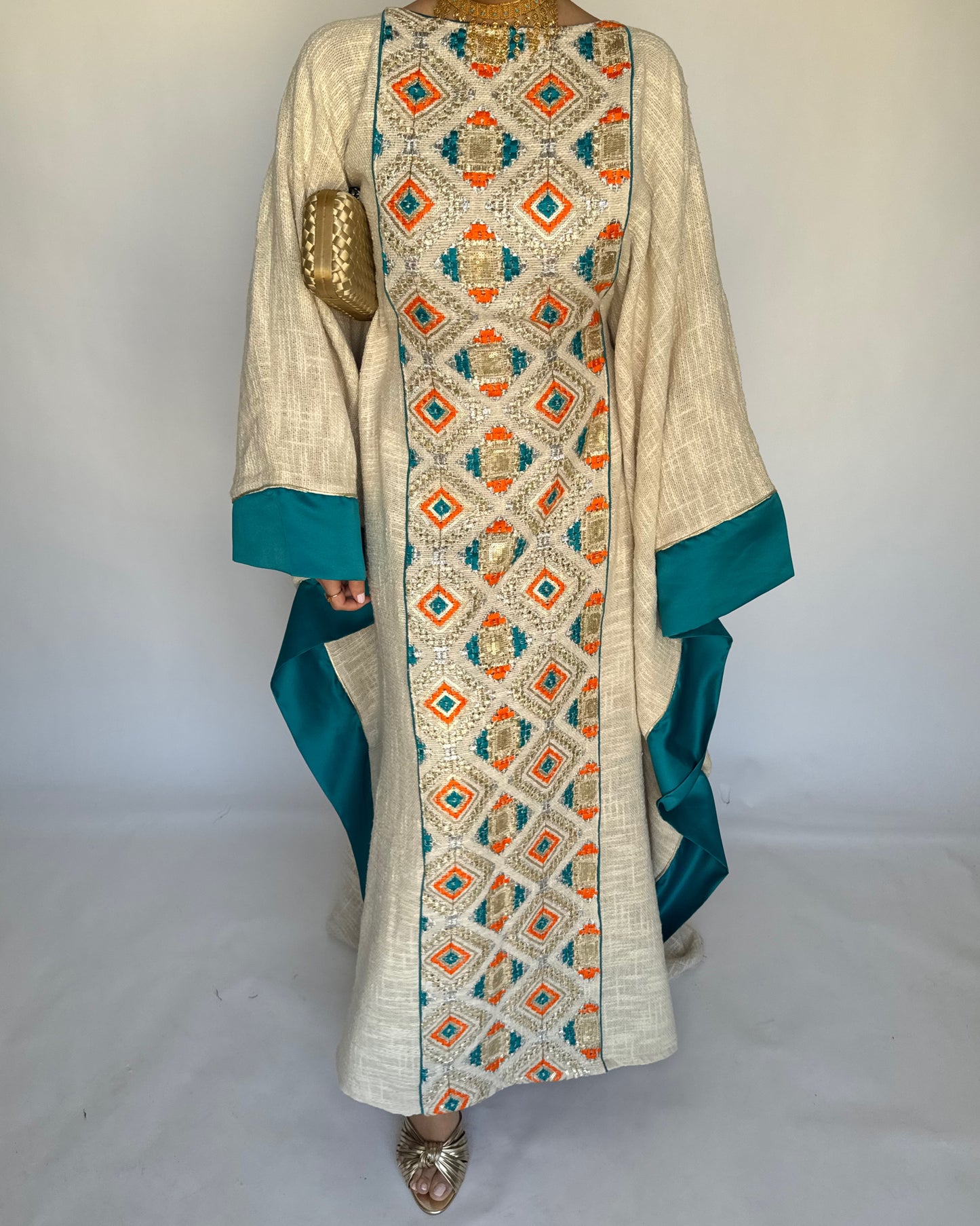 A337 - Blue/ Orange & Beige Linen Butterfly Cut Jalabiya
