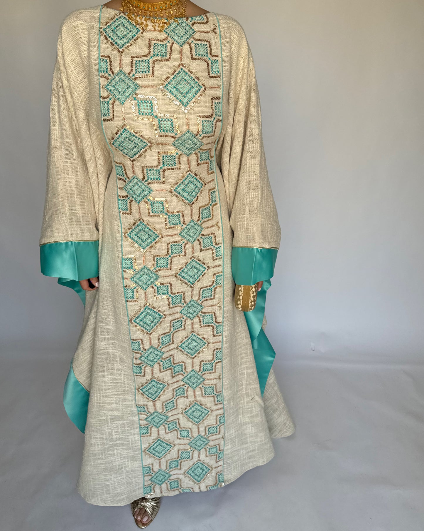 A335 - Blue & Beige Linen Butterfly Cut Jalabiya