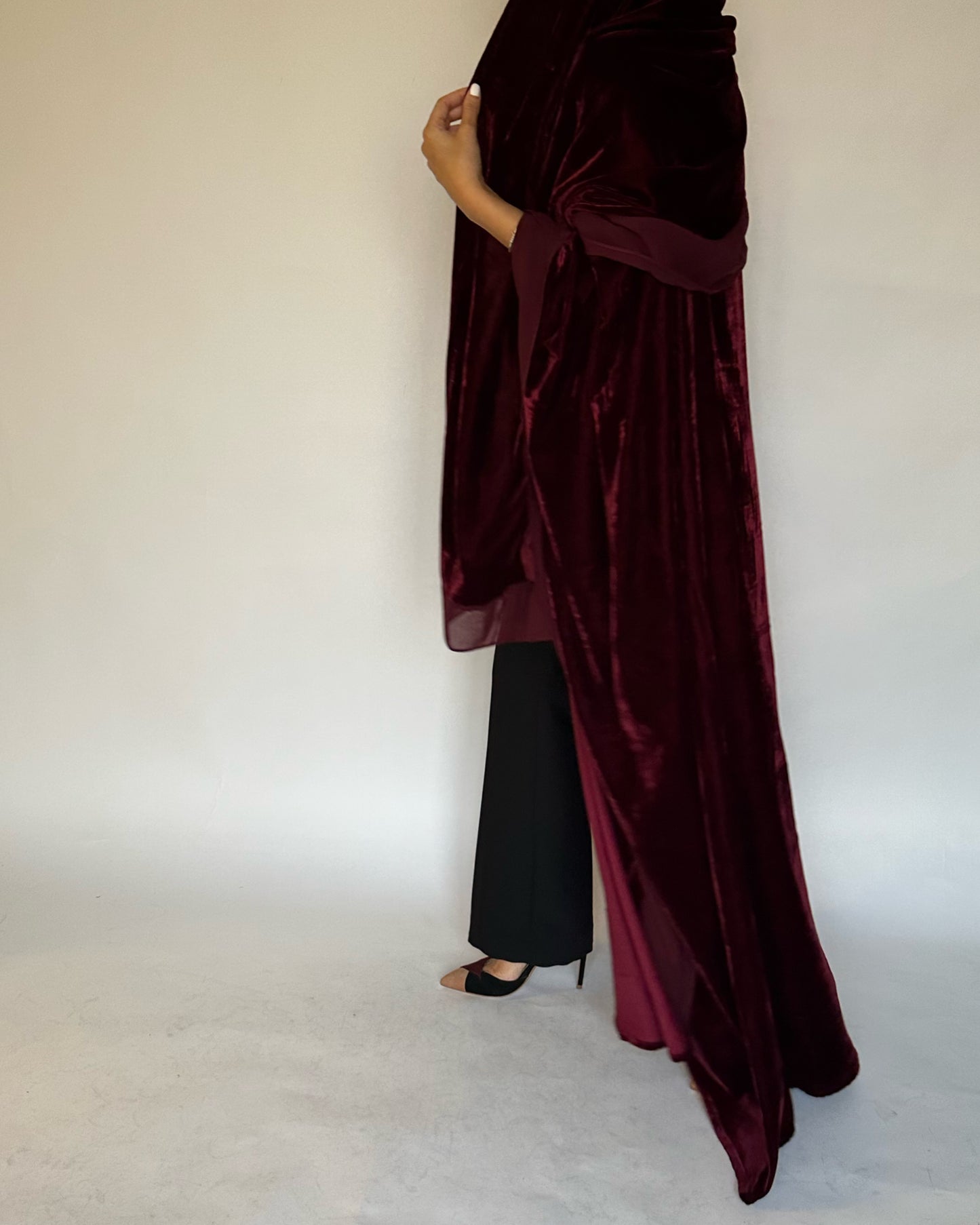 A138 - Maroon Burgandy Velvet Abaya, Velvet Head Scarf & Chiffon Dress