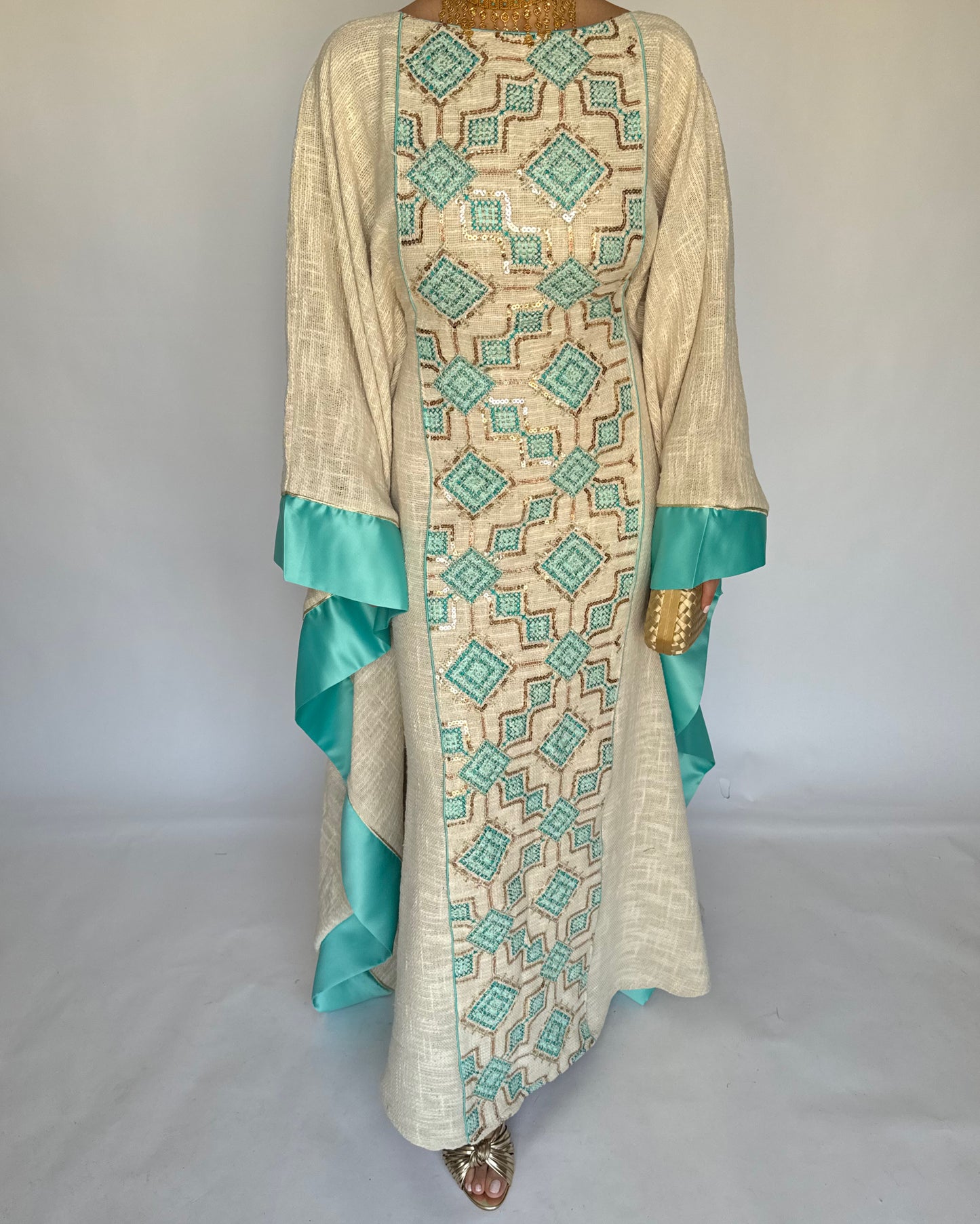 A335 - Blue & Beige Linen Butterfly Cut Jalabiya
