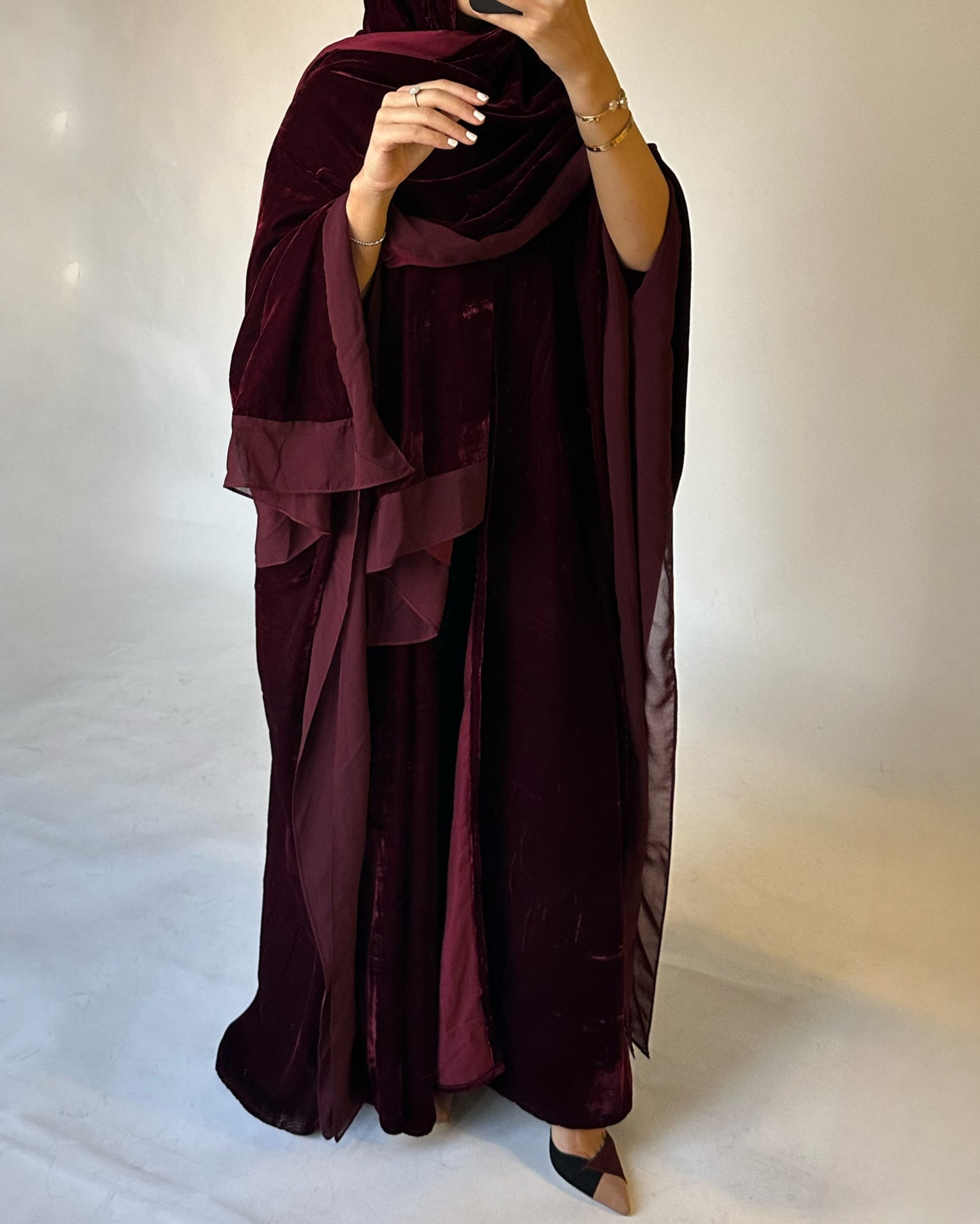 A138 - Maroon Burgandy Velvet Abaya, Velvet Head Scarf & Chiffon Dress