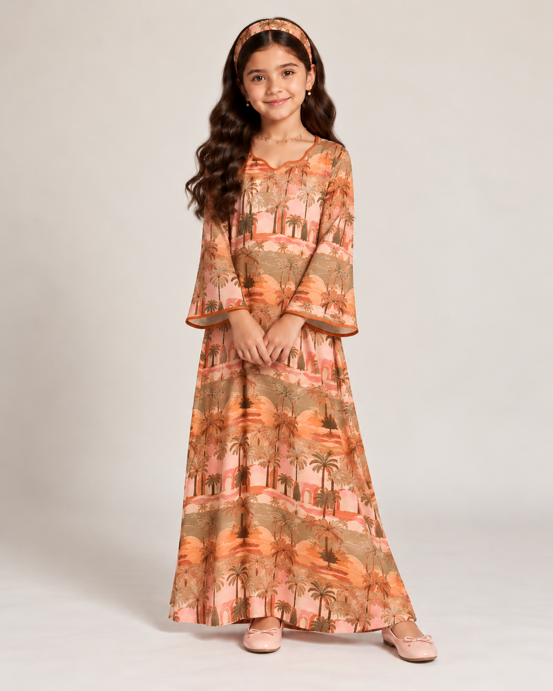 A666 - KIDS Orange & Olive Green Palm Tree Pattern Jalabiya & Head Band