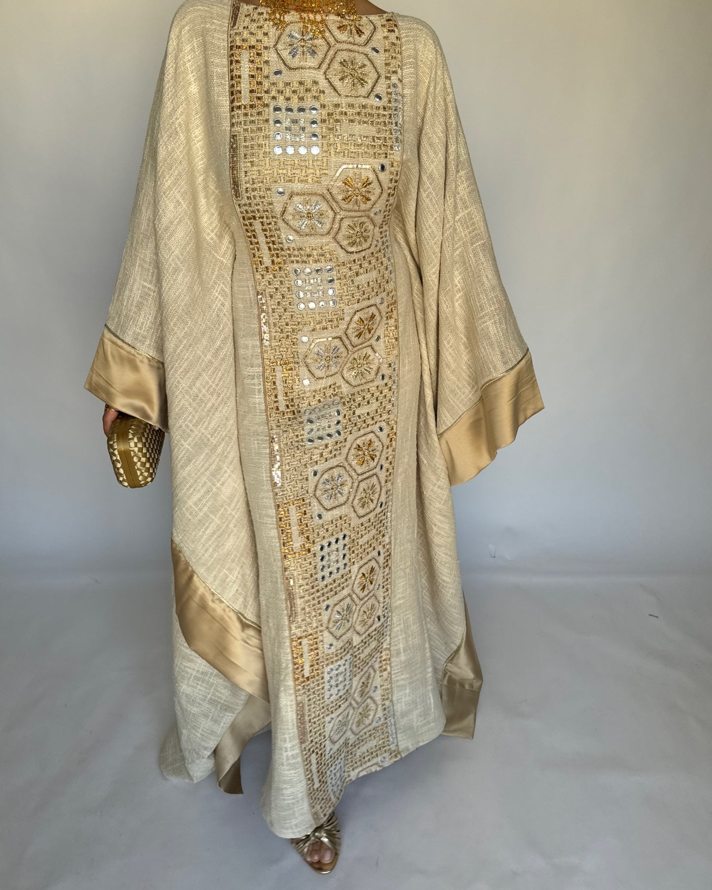 A339 - Gold & Beige Linen Butterfly Cut Jalabiya