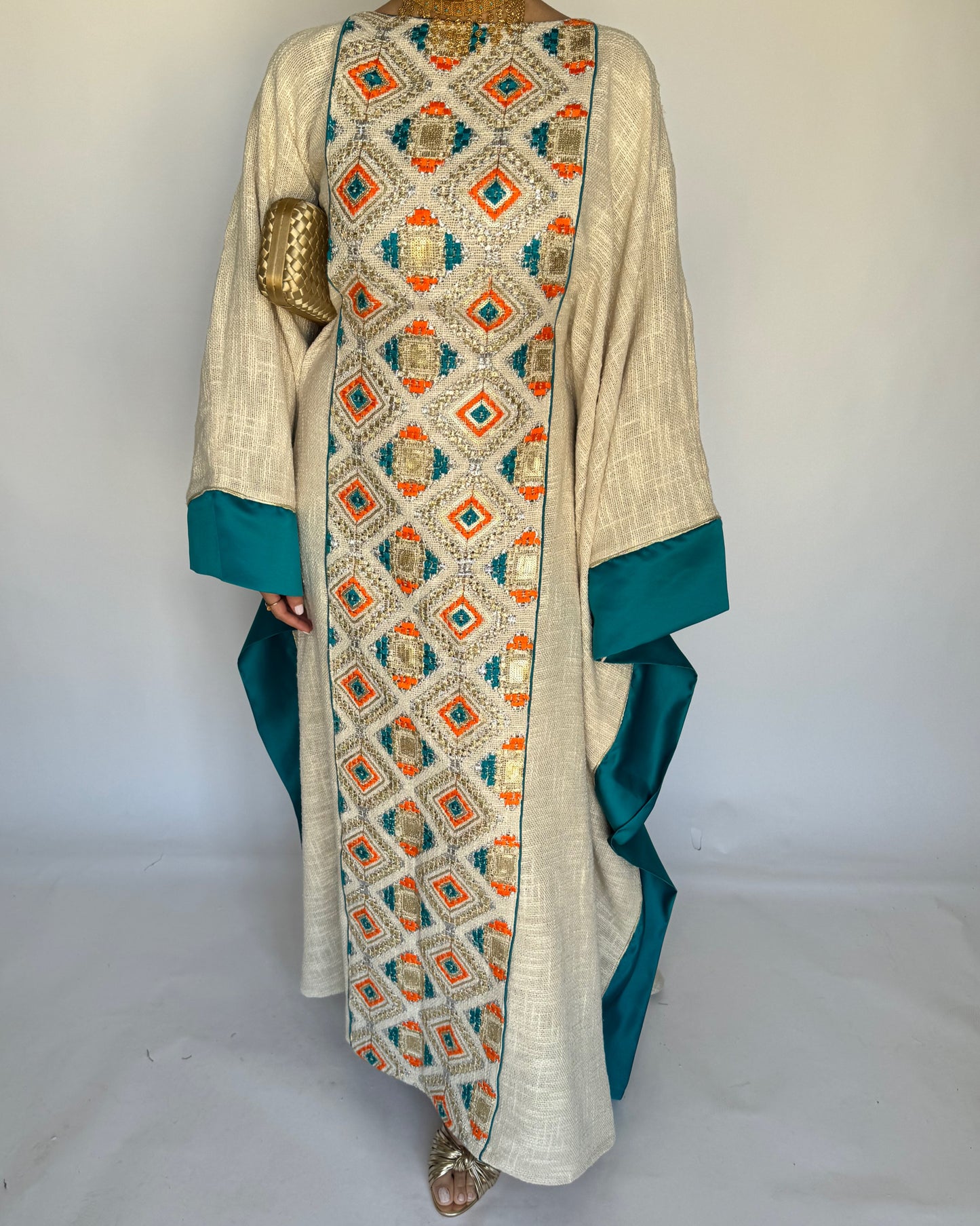A337 - Blue/ Orange & Beige Linen Butterfly Cut Jalabiya