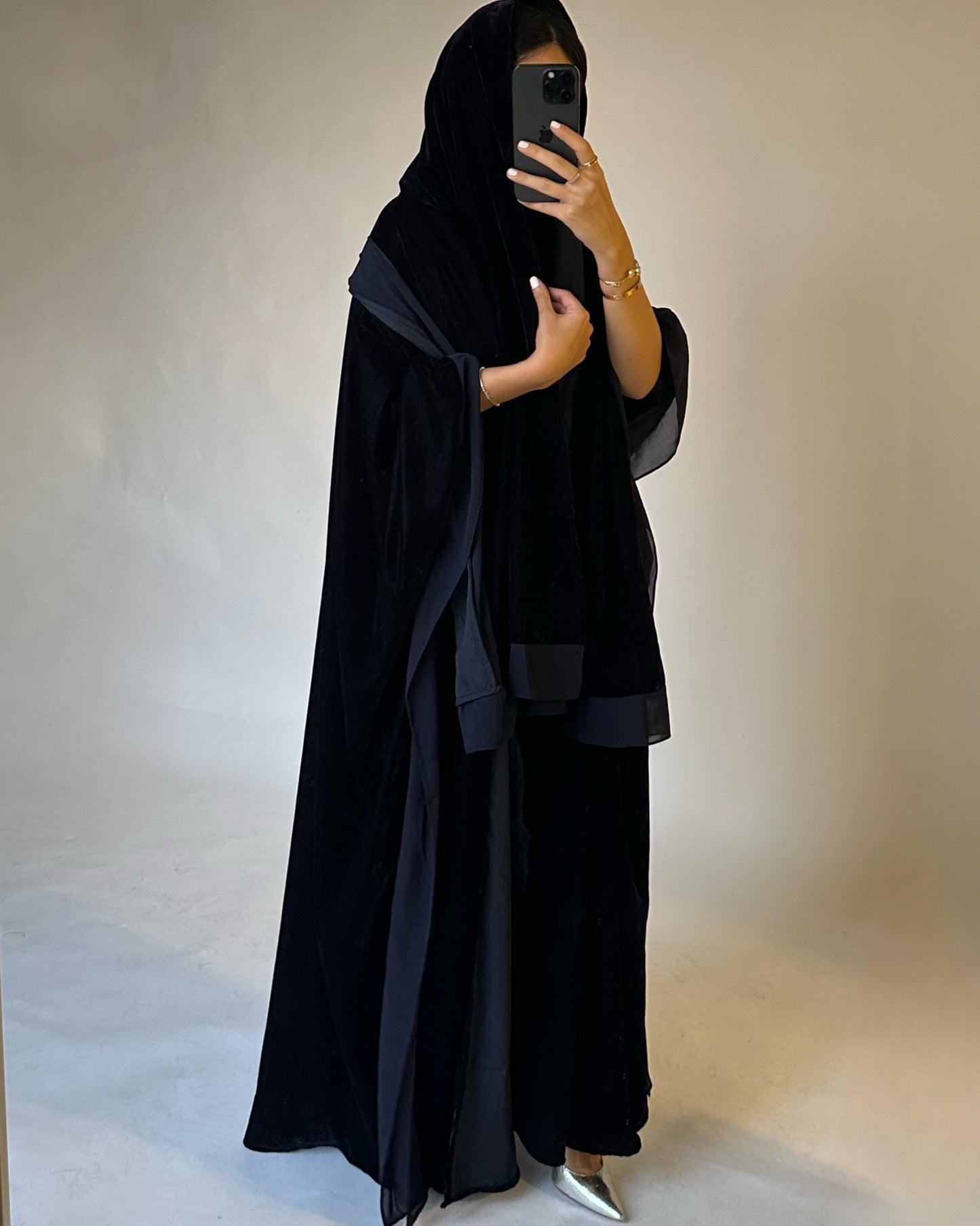 A137 - Navy Blue Velvet Abaya, Velvet Head Scarf & Chiffon Dress
