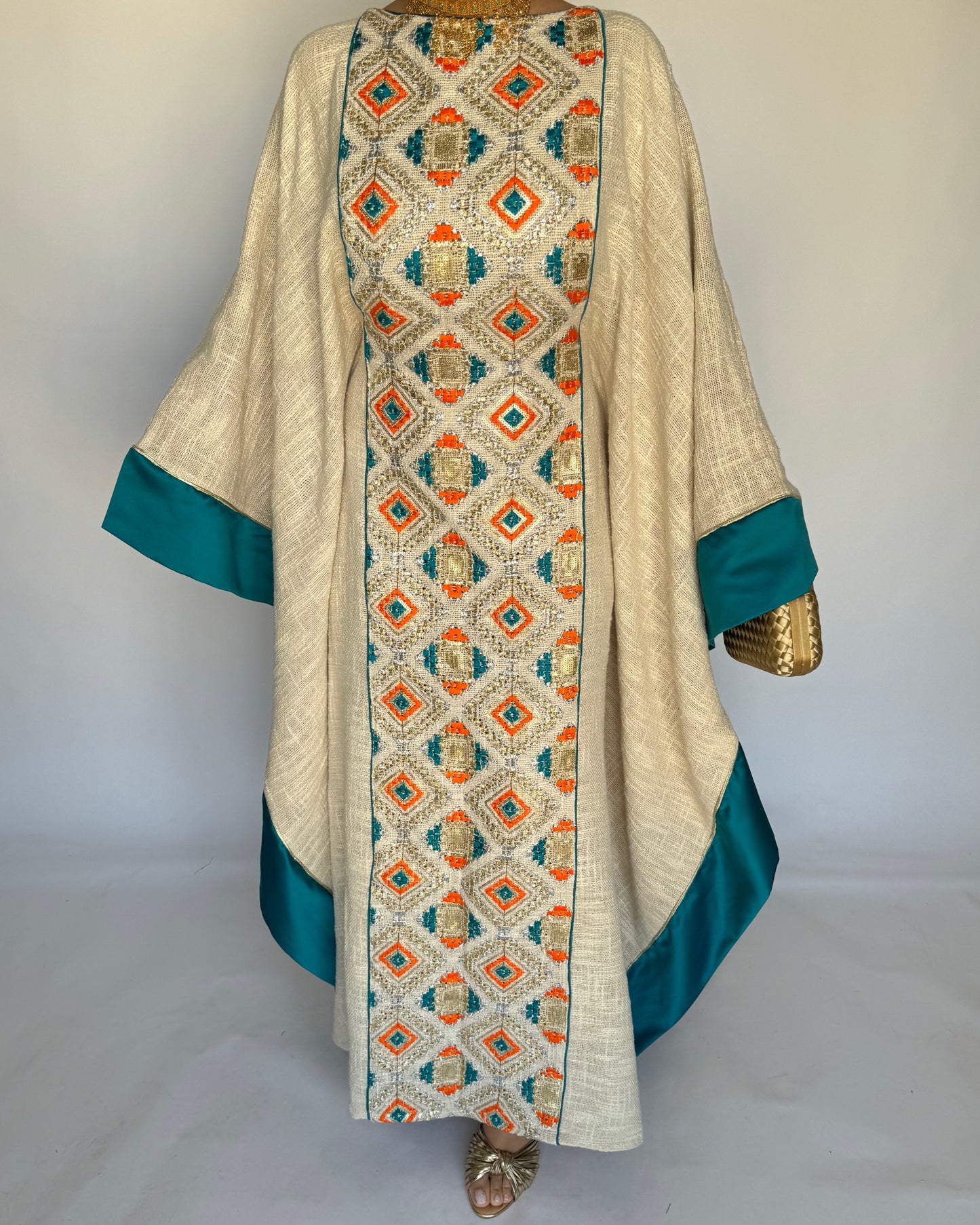 A337 - Blue/ Orange & Beige Linen Butterfly Cut Jalabiya