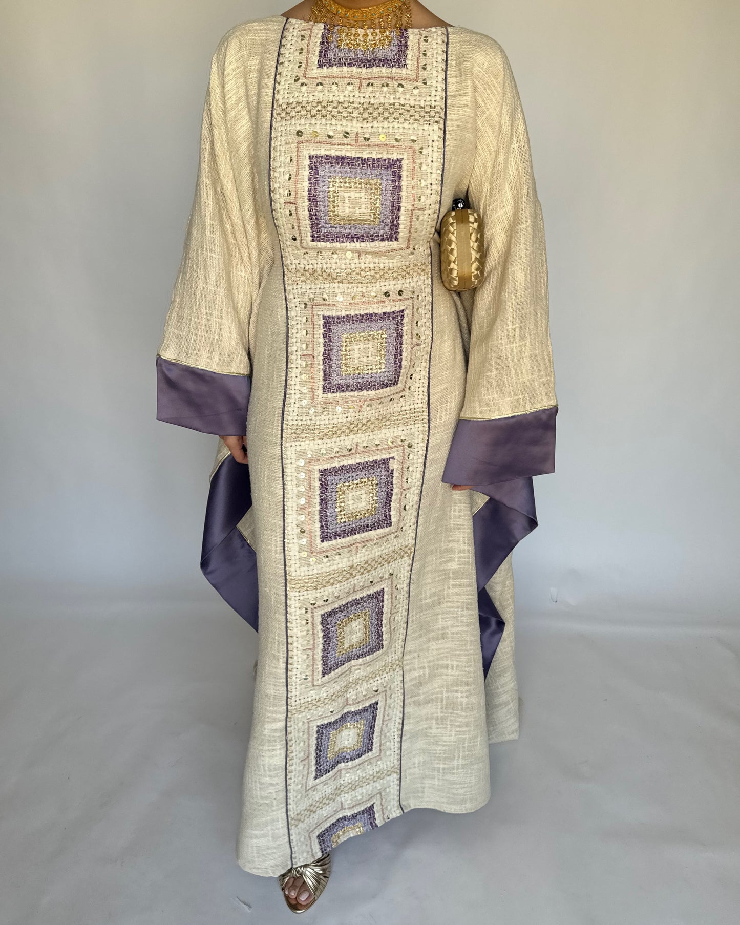 A340 - Purple & Beige Linen Butterfly Cut Jalabiya