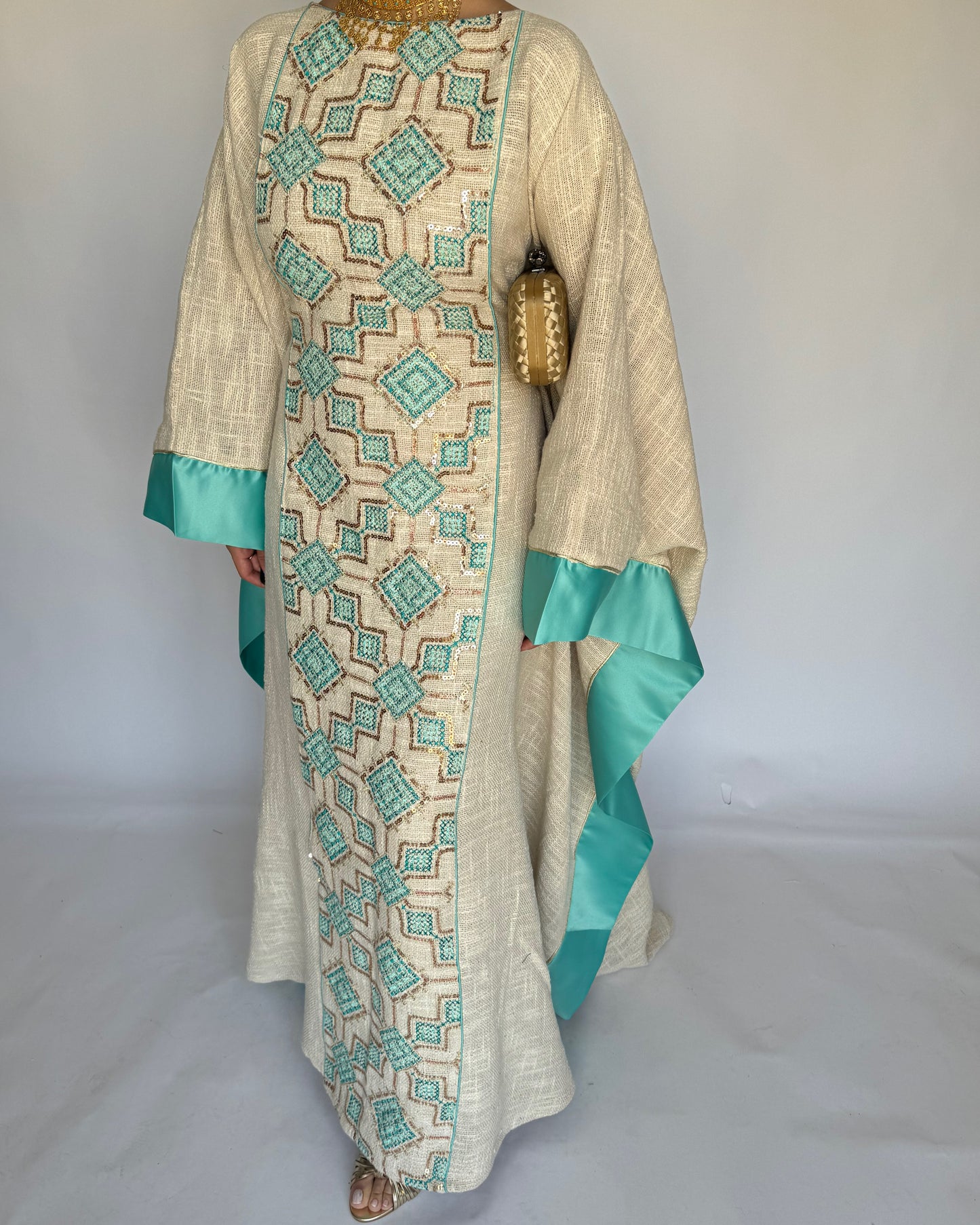 A335 - Blue & Beige Linen Butterfly Cut Jalabiya