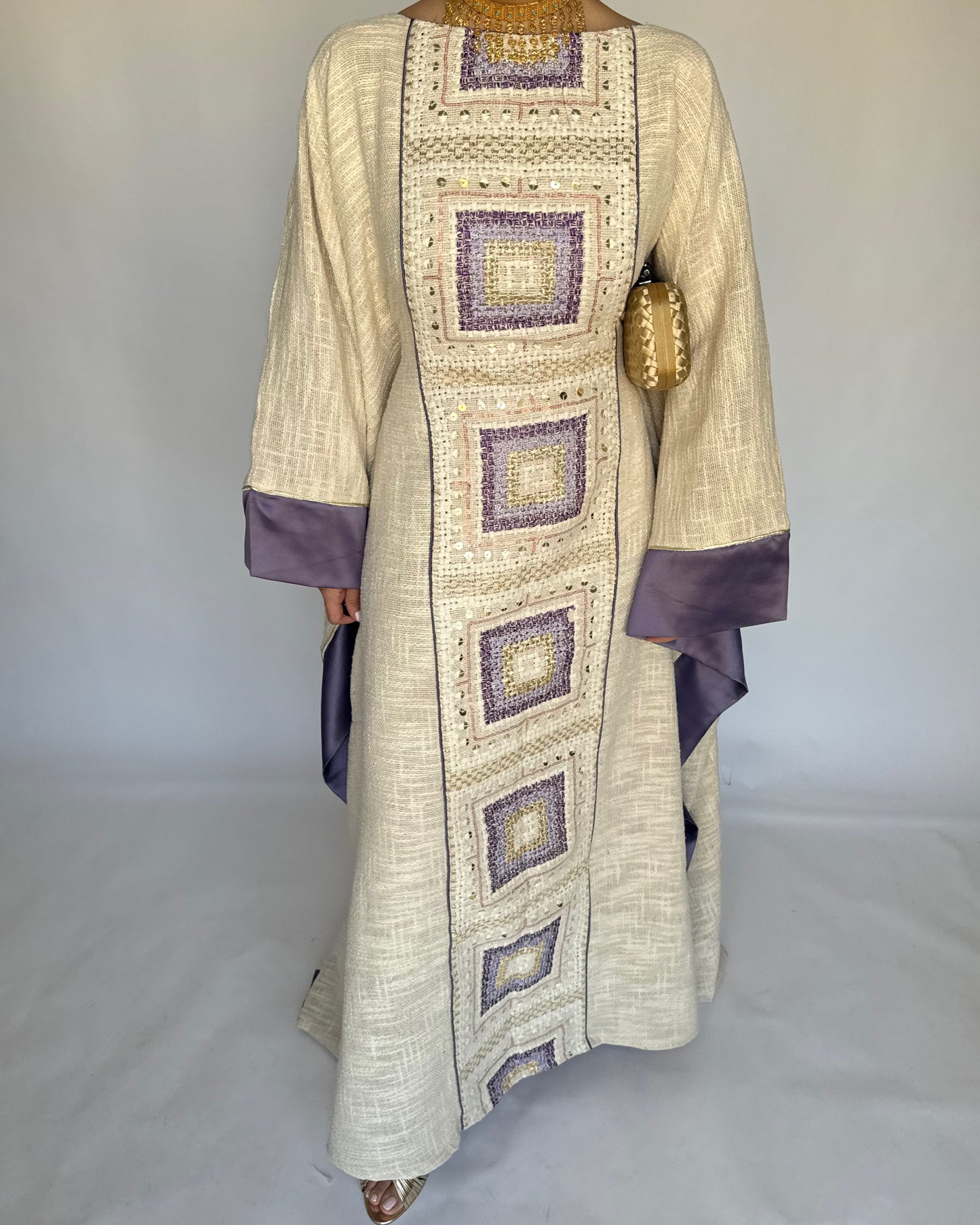 A340 - Purple & Beige Linen Butterfly Cut Jalabiya