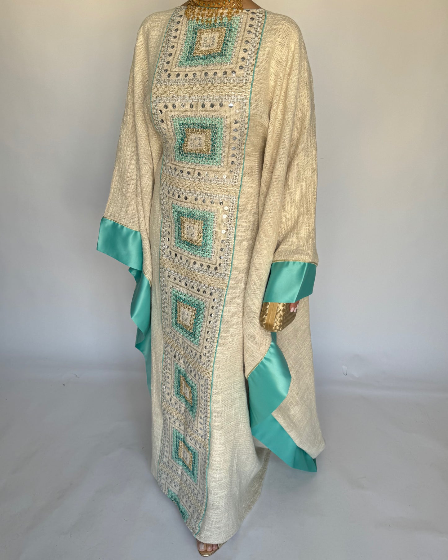 A338 - Blue & Beige Linen Butterfly Cut Jalabiya