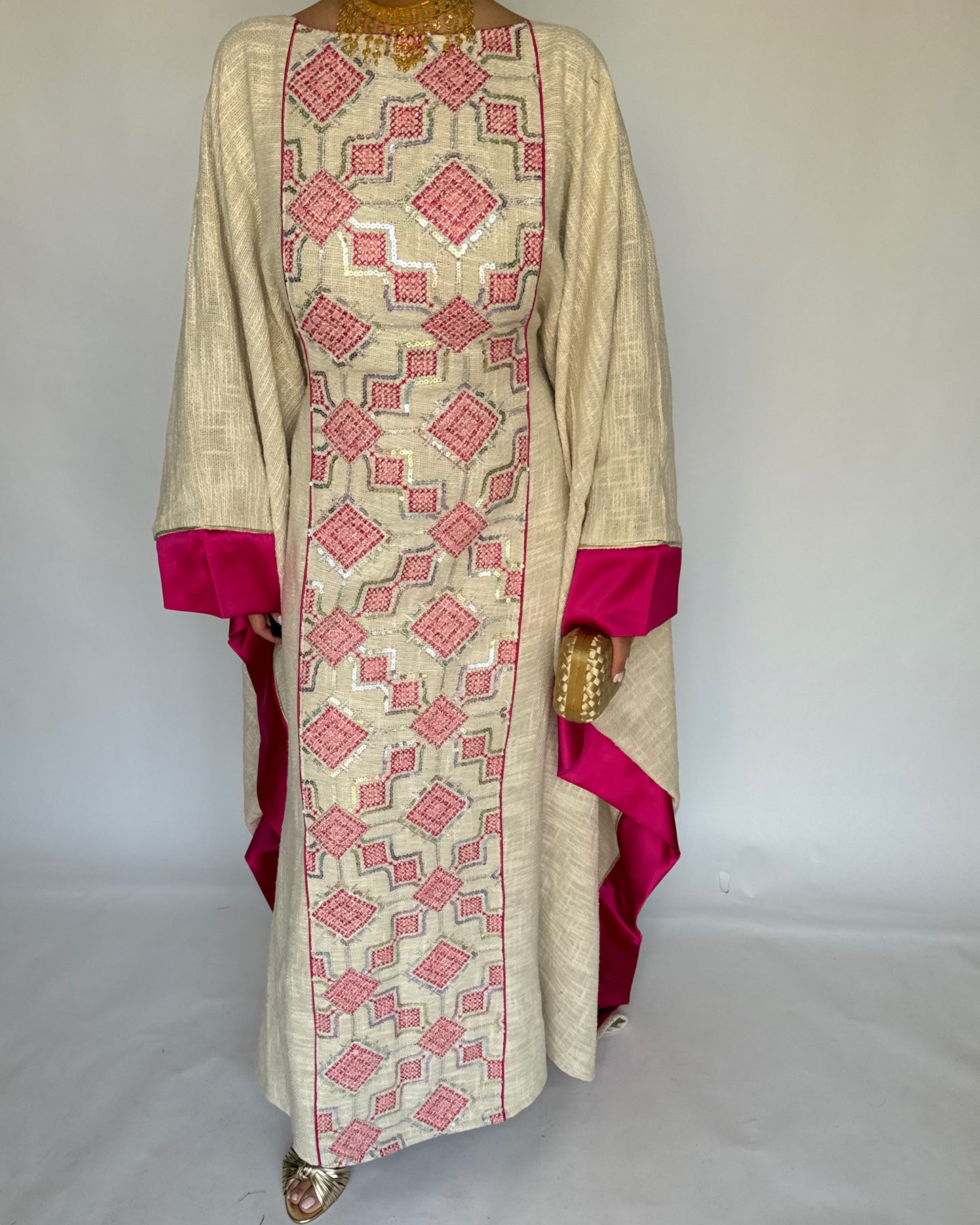 A336 - Pink & Beige Linen Butterfly Cut Jalabiya