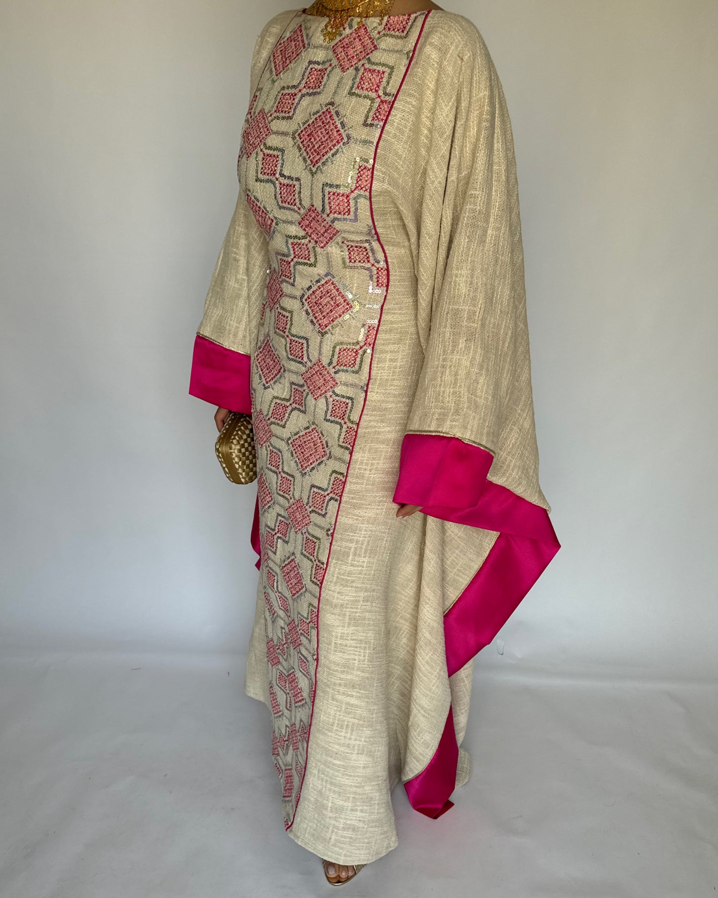 A336 - Pink & Beige Linen Butterfly Cut Jalabiya