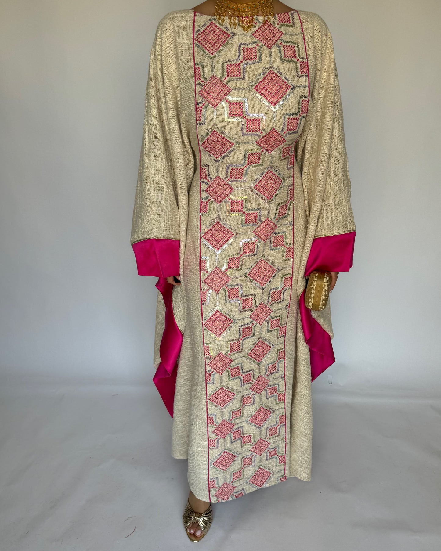A336 - Pink & Beige Linen Butterfly Cut Jalabiya