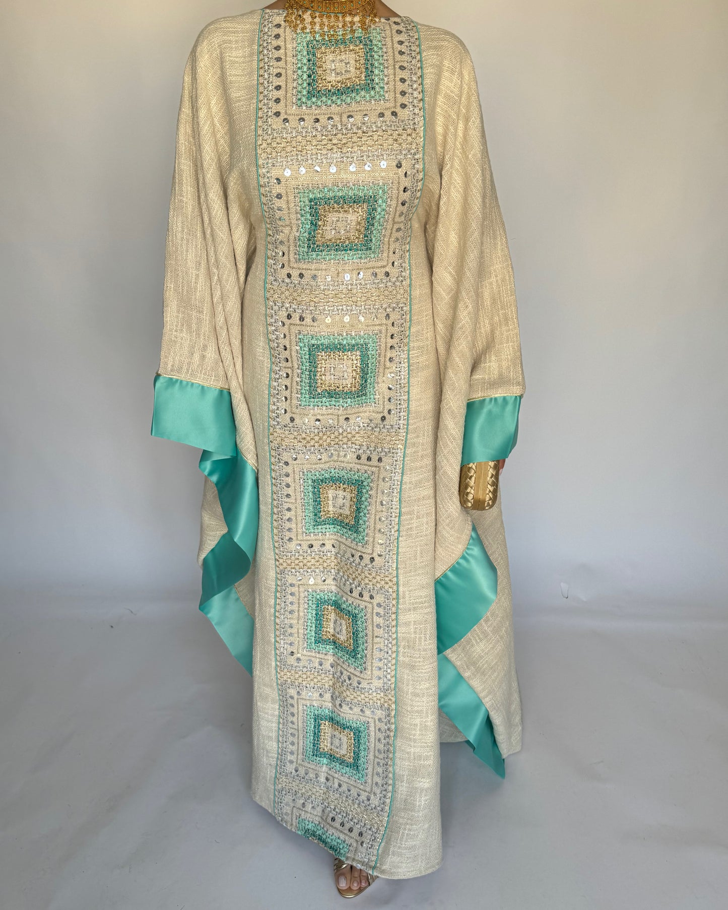 A338 - Blue & Beige Linen Butterfly Cut Jalabiya