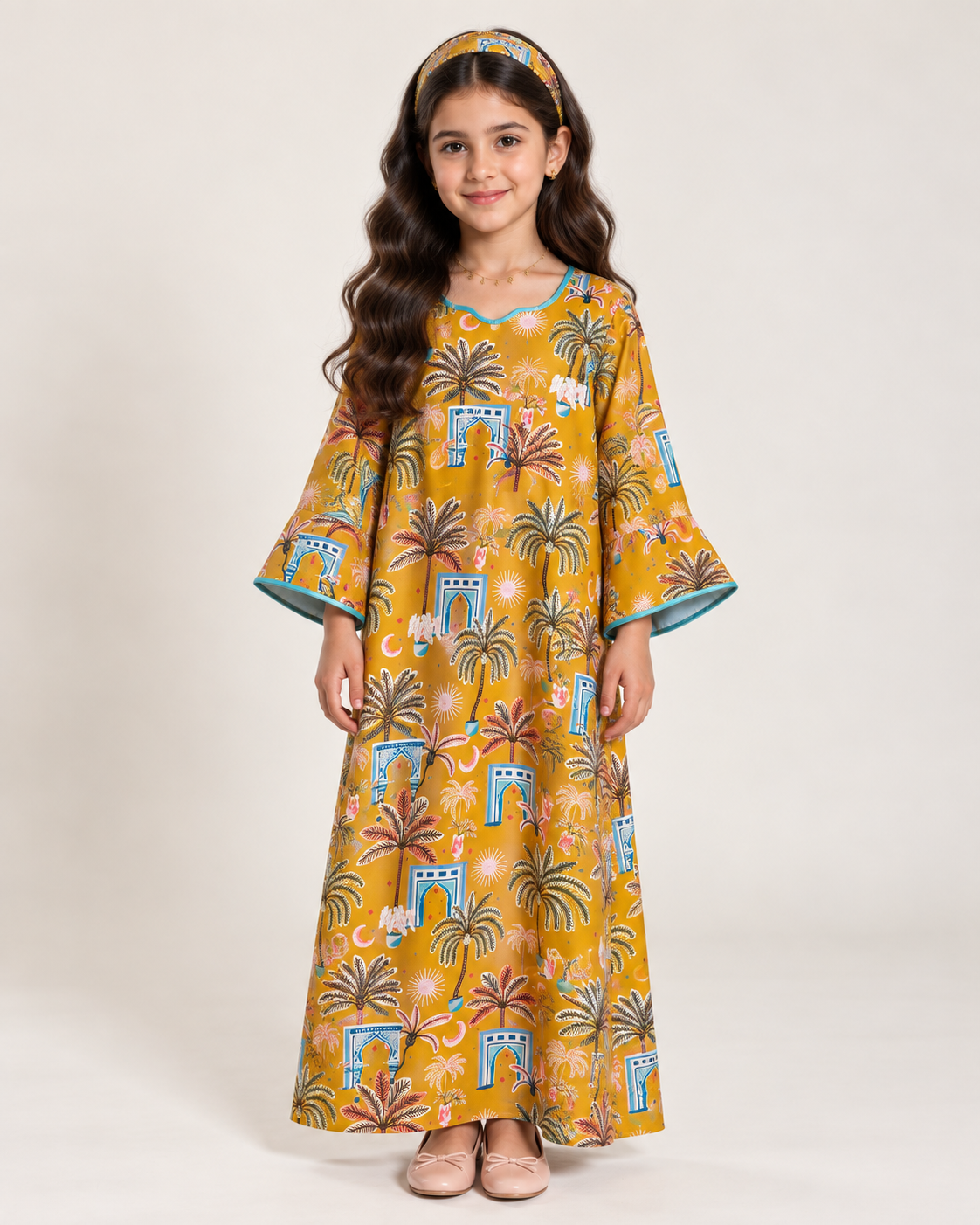 A663 - Yellow & Blue Moon & Palm Tree Pattern Jalabiya & Head Band