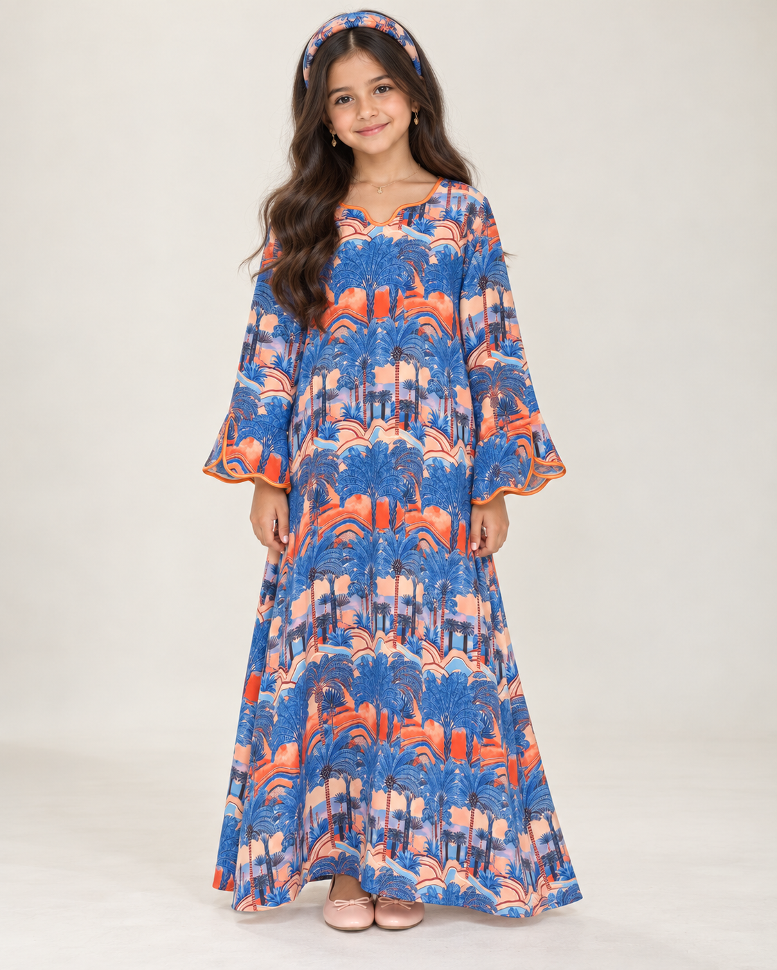 A667 - KIDS Royal Blue & Orange Palm Tree Pattern Jalabiya & Head Band