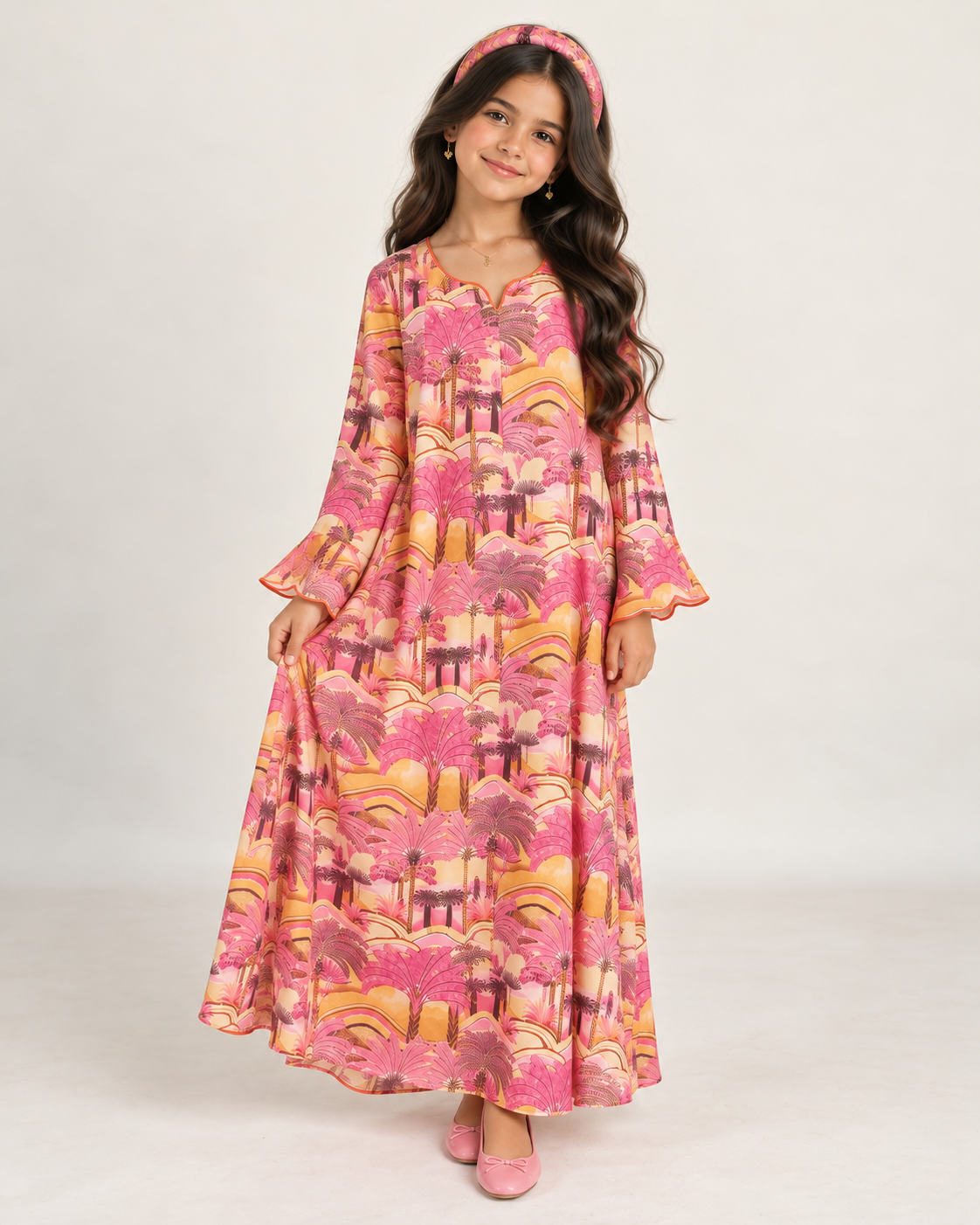 A668 - KIDS Pink & Yellow Palm Tree Pattern Jalabiya & Head Band