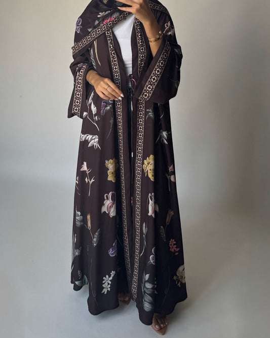 A441 - Brown A-Cut Flower Summery Daily Abaya