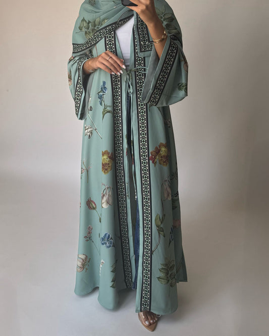 A439 - Green A-Cut Flower Summery Daily Abaya