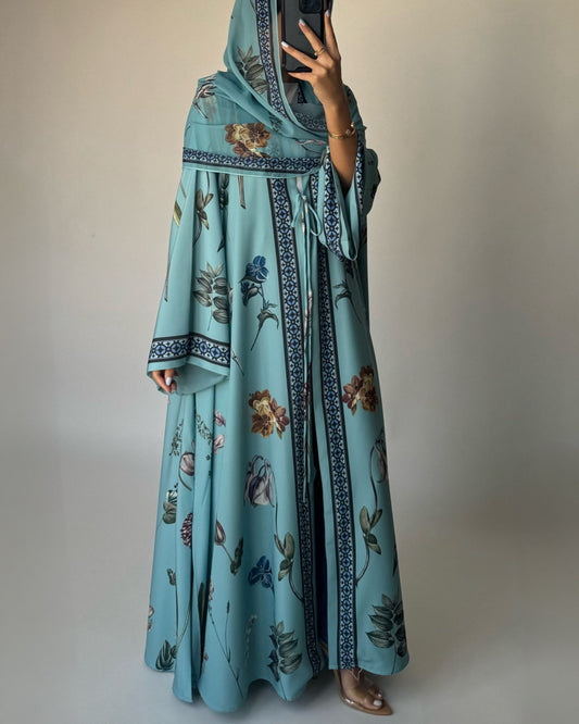 A442 - Blue A-Cut Flower Summery Daily Abaya