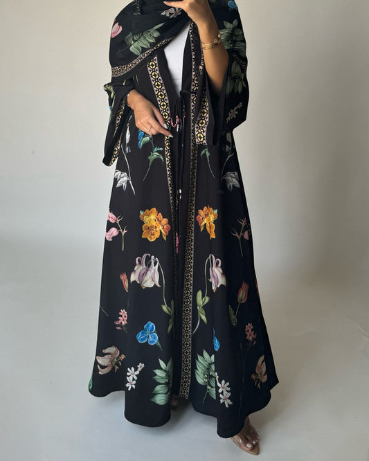 A446 - Black A-Cut Flower Summery Daily Abaya