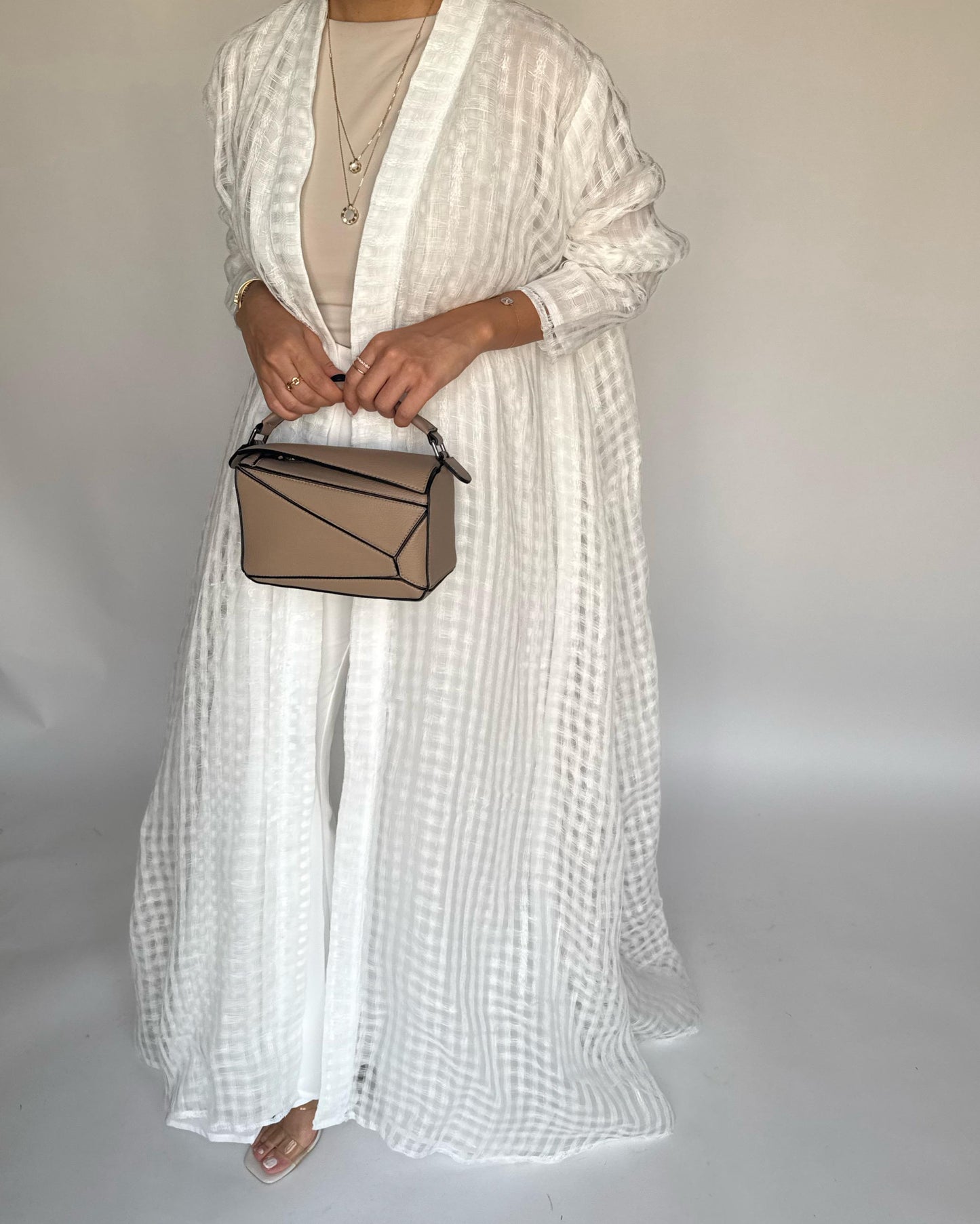 A448 - Off-White A-Cut Linen Checkered Summery Daily Abaya