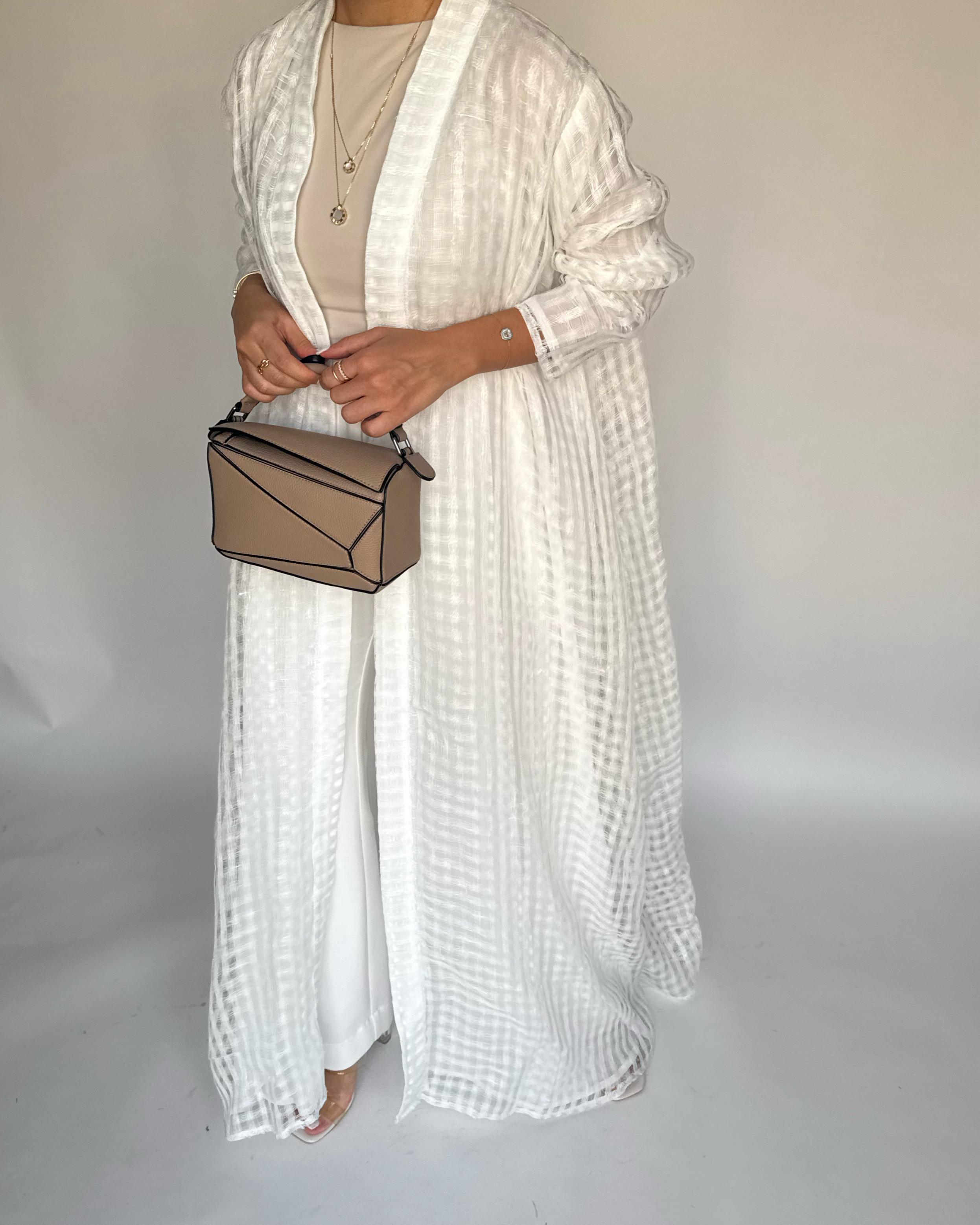 A448 - Off-White A-Cut Linen Checkered Summery Daily Abaya