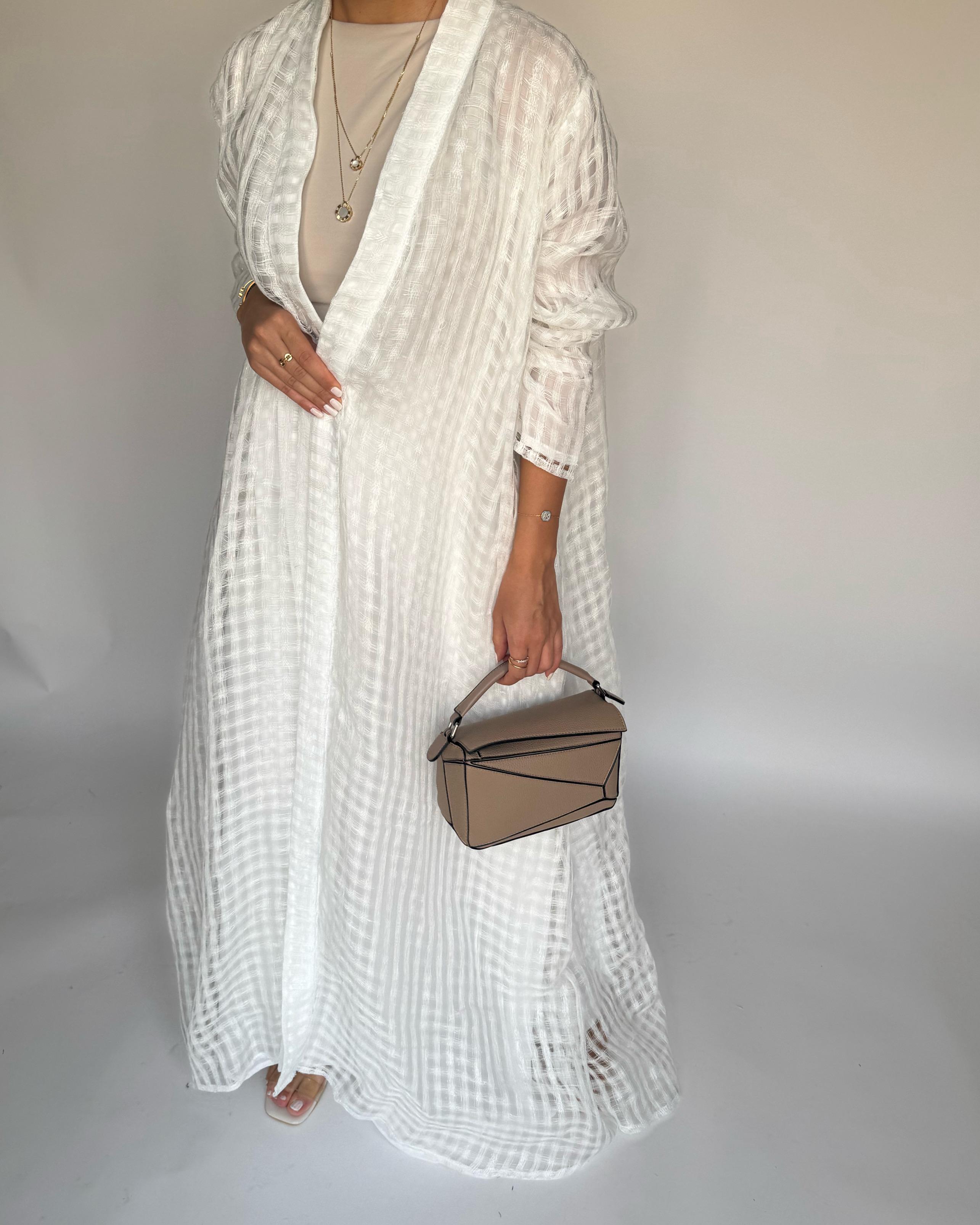 A448 - Off-White A-Cut Linen Checkered Summery Daily Abaya