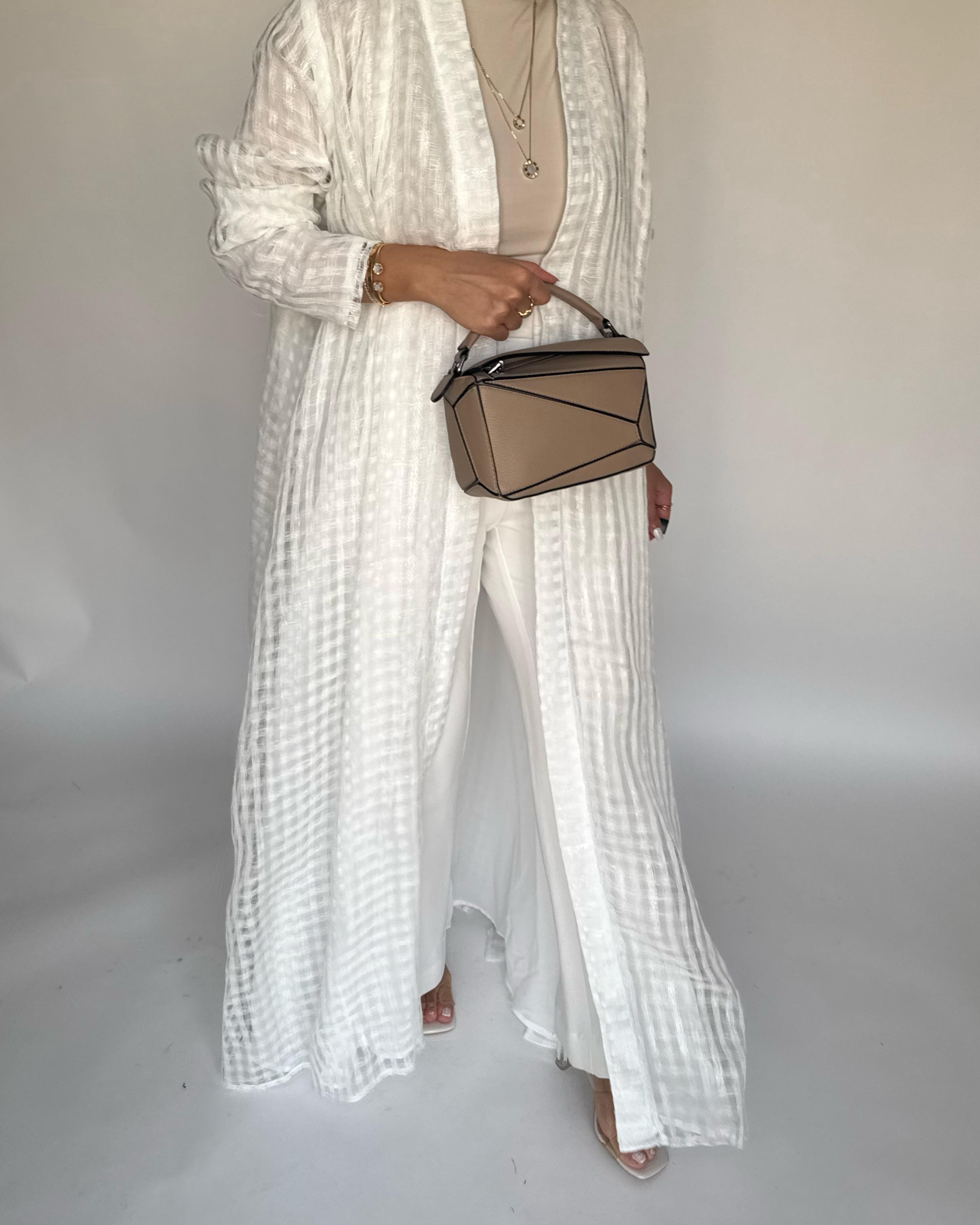 A448 - Off-White A-Cut Linen Checkered Summery Daily Abaya