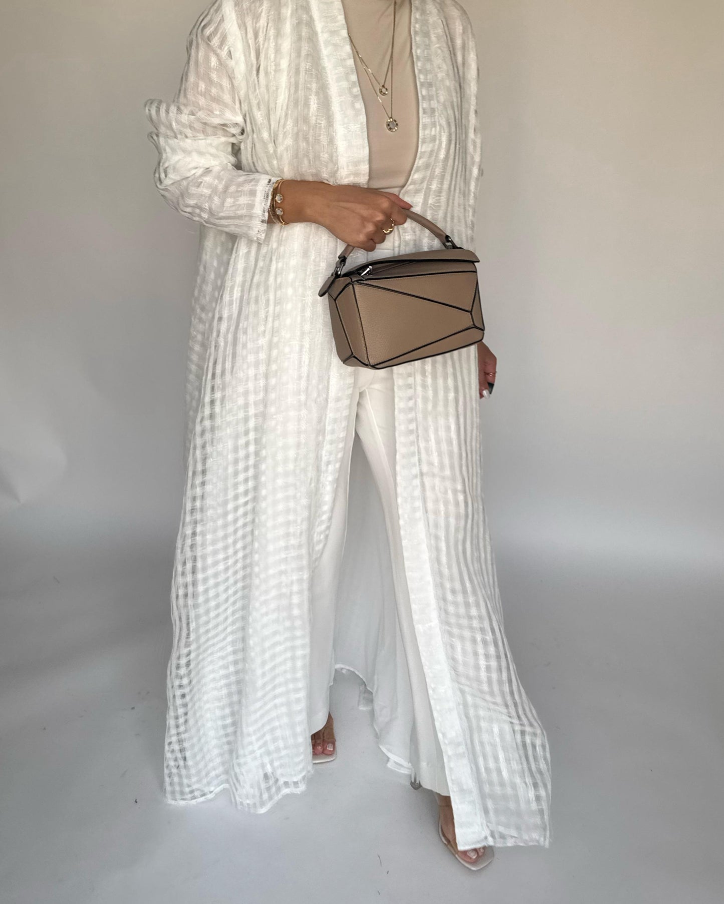 A448 - Off-White A-Cut Linen Checkered Summery Daily Abaya