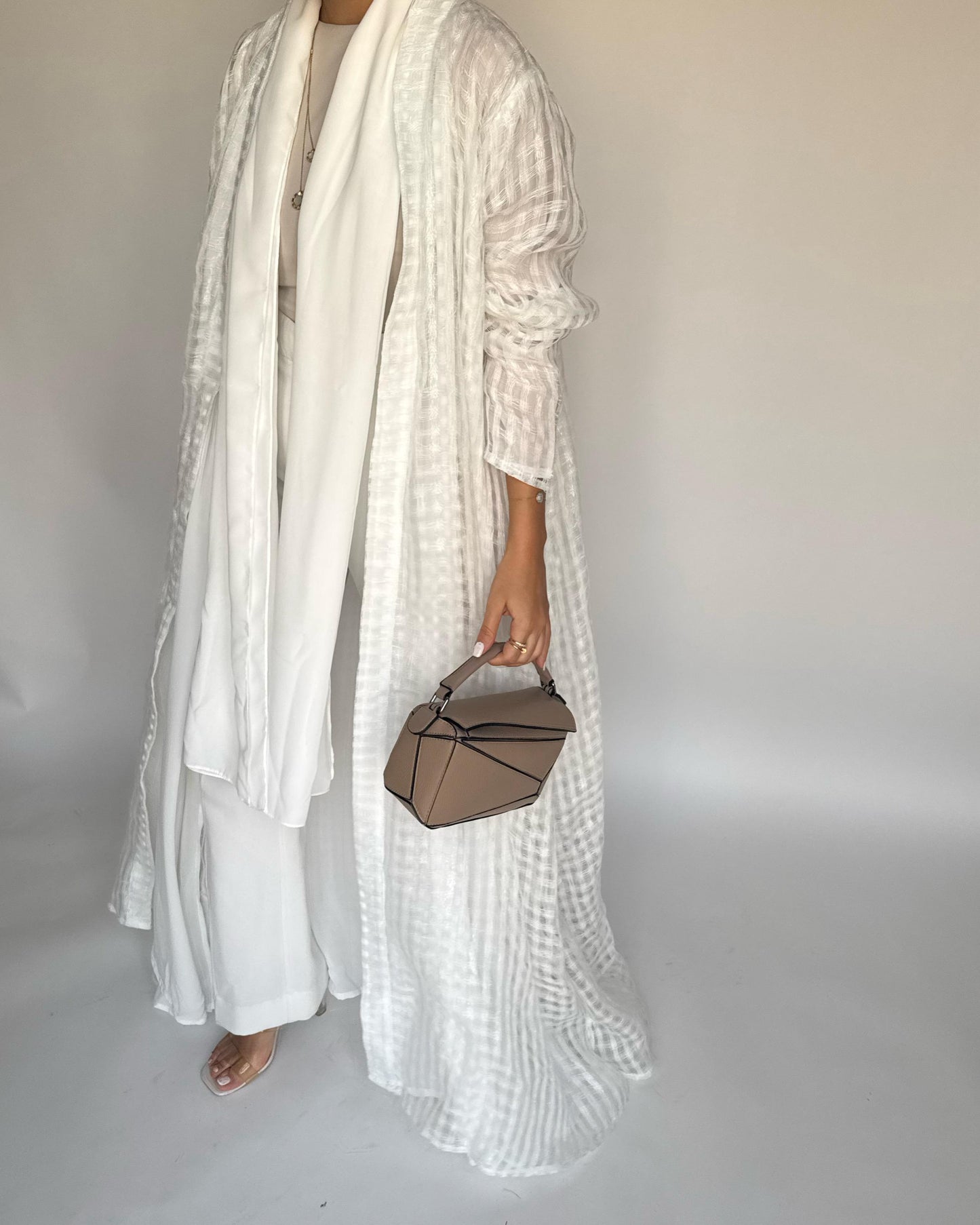 A448 - Off-White A-Cut Linen Checkered Summery Daily Abaya