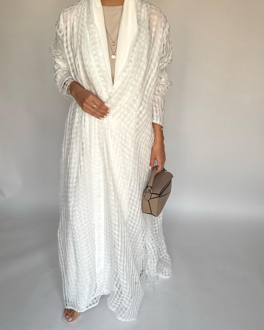 A448 - Off-White A-Cut Linen Checkered Summery Daily Abaya