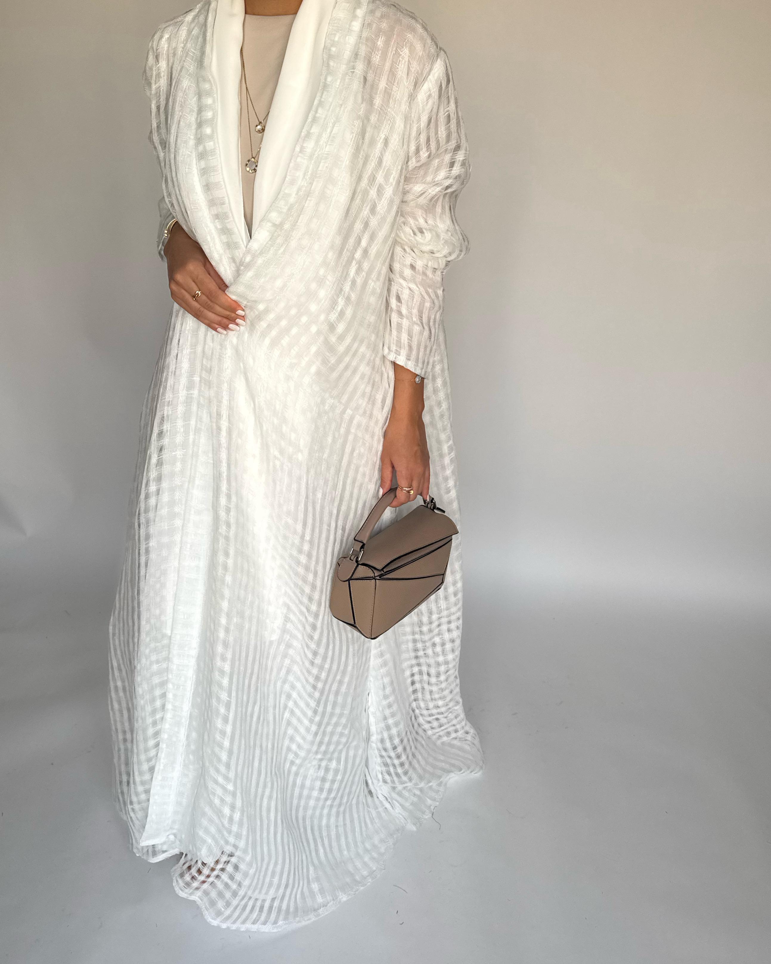 A448 - Off-White A-Cut Linen Checkered Summery Daily Abaya