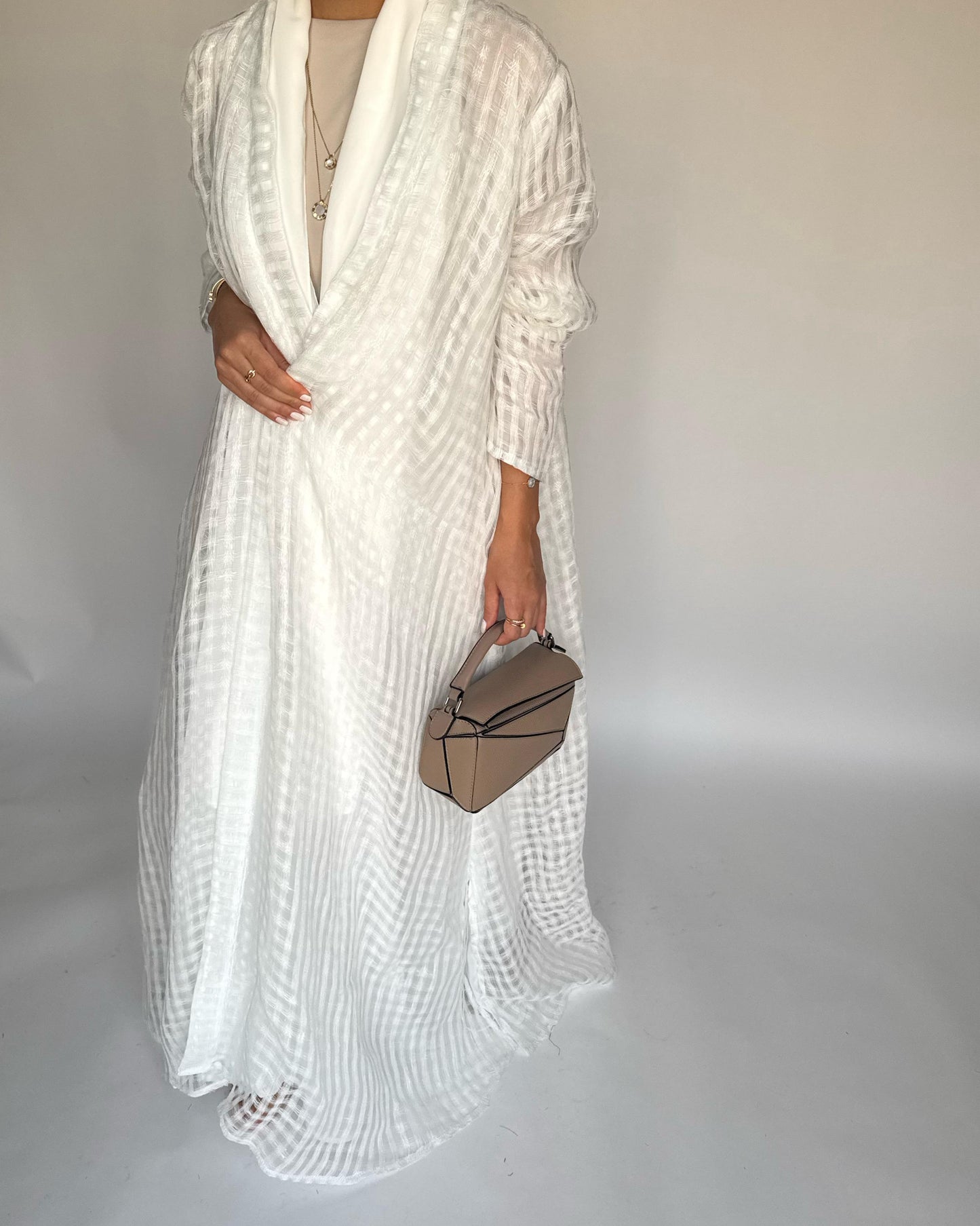 A448 - Off-White A-Cut Linen Checkered Summery Daily Abaya