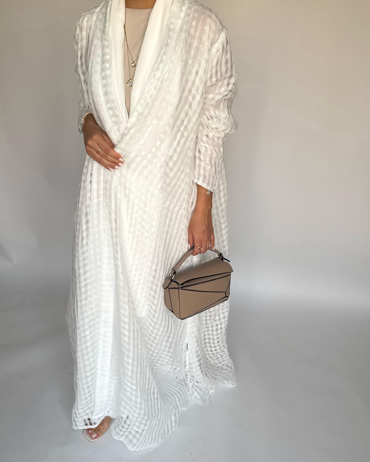 A448 - Off-White A-Cut Linen Checkered Summery Daily Abaya