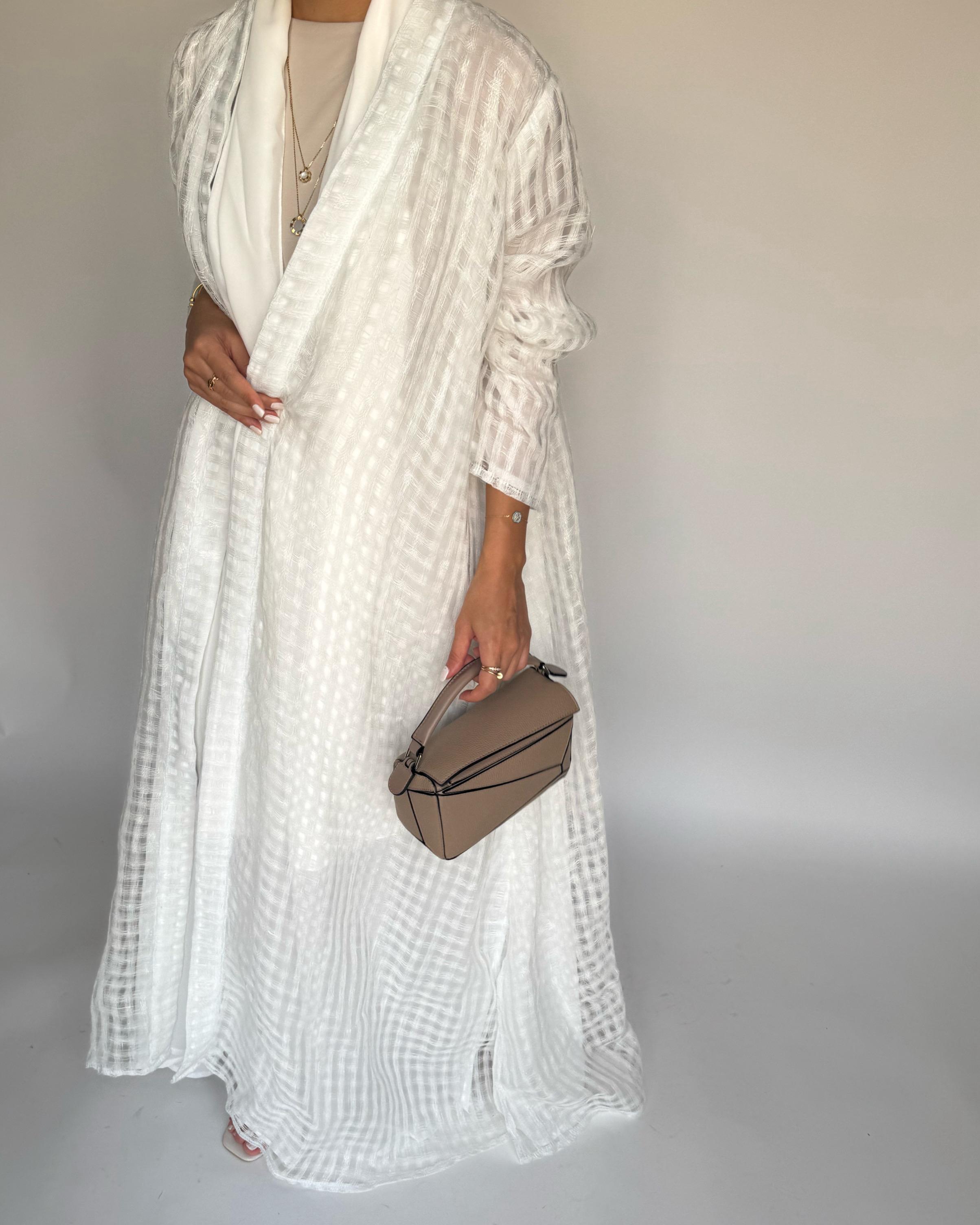 A448 - Off-White A-Cut Linen Checkered Summery Daily Abaya