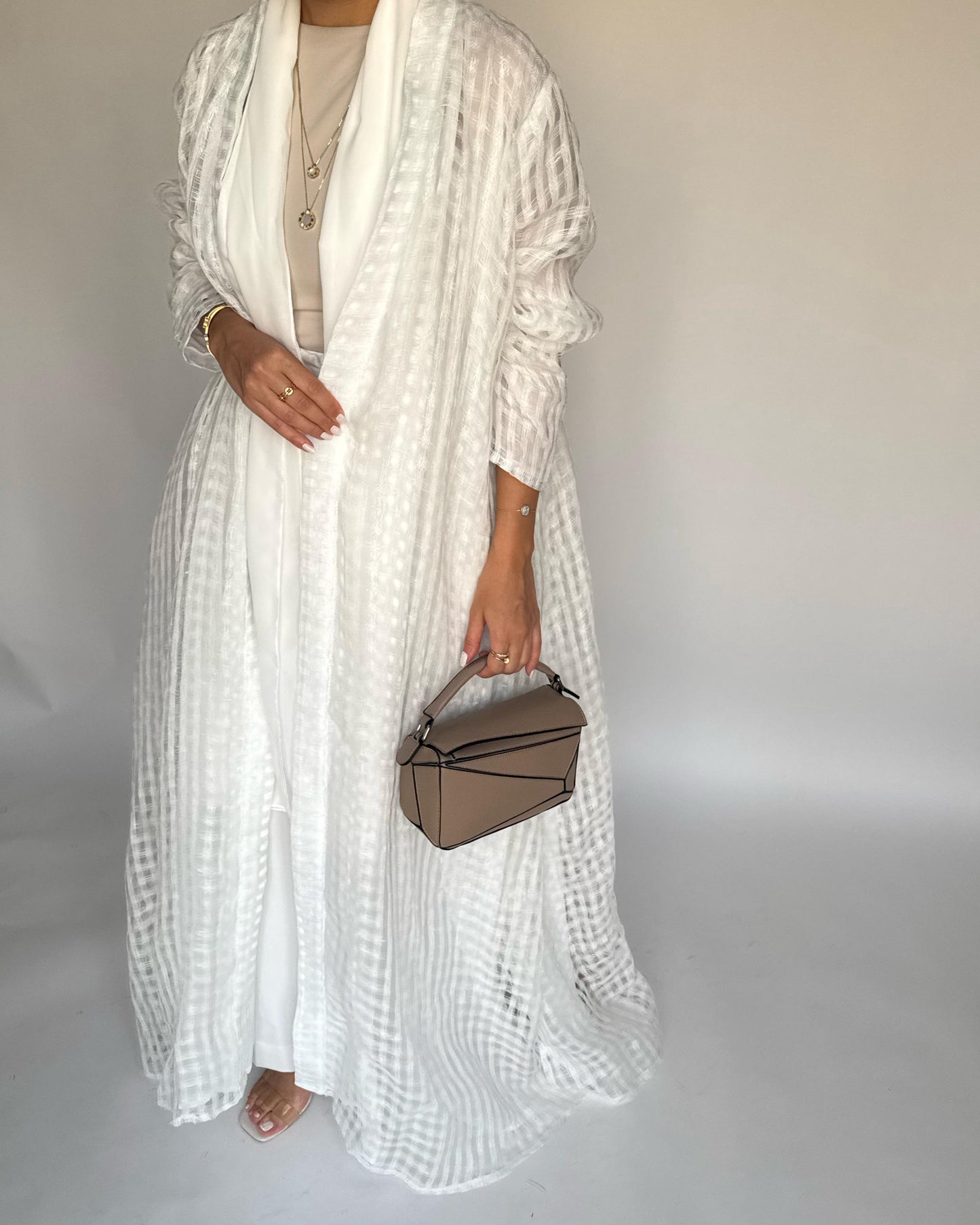 A448 - Off-White A-Cut Linen Checkered Summery Daily Abaya