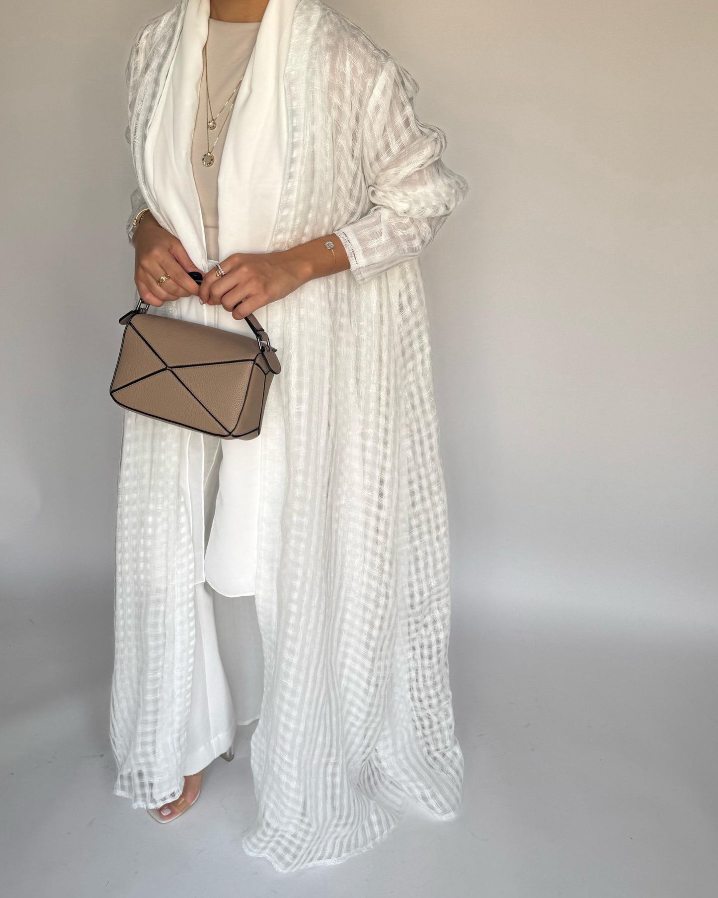 A448 - Off-White A-Cut Linen Checkered Summery Daily Abaya